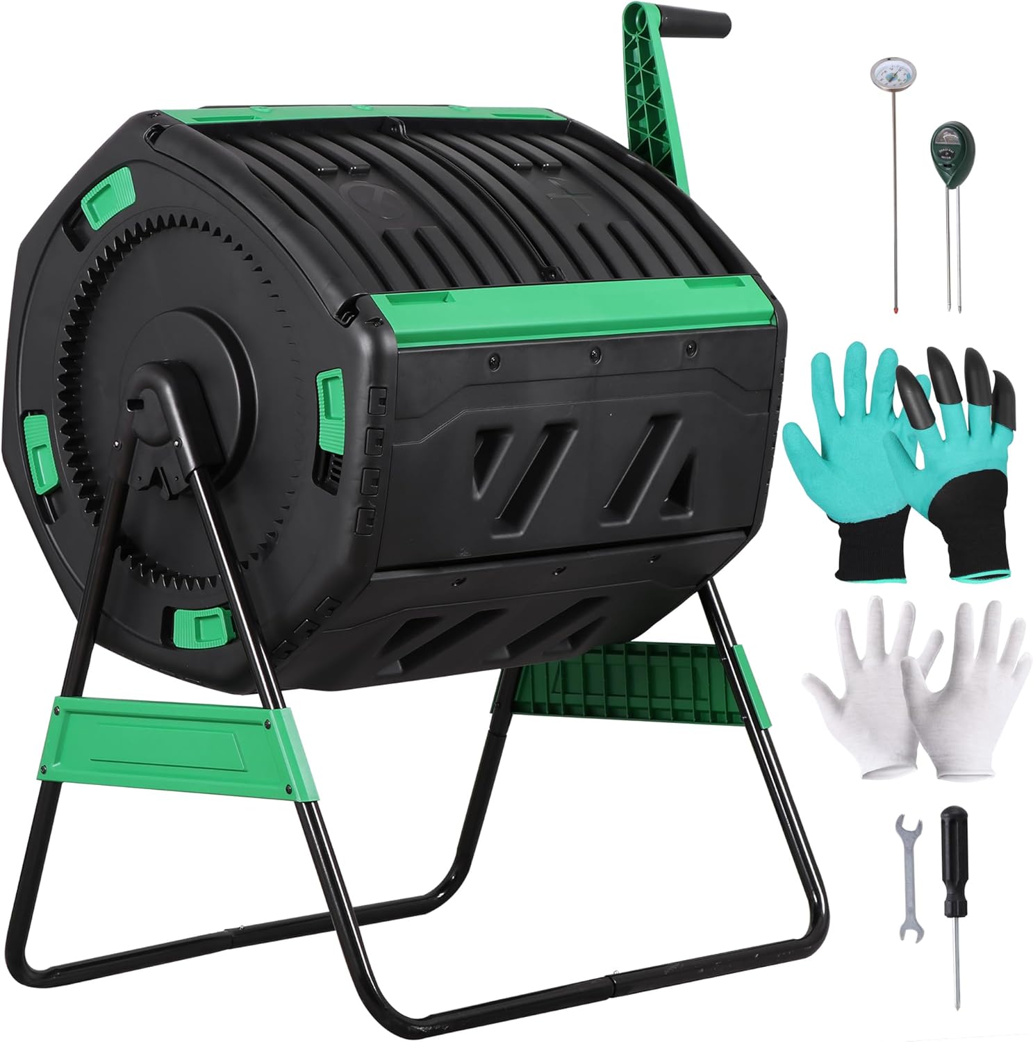 F2C 53 Gallon Dual Chamber Compost Tumbler, Octagonal Outdoor Compost Bin with Thermometer, Soil Tester & Gloves, Heavy Duty Rotating Composter for Backyard, Garden and Yard Waste