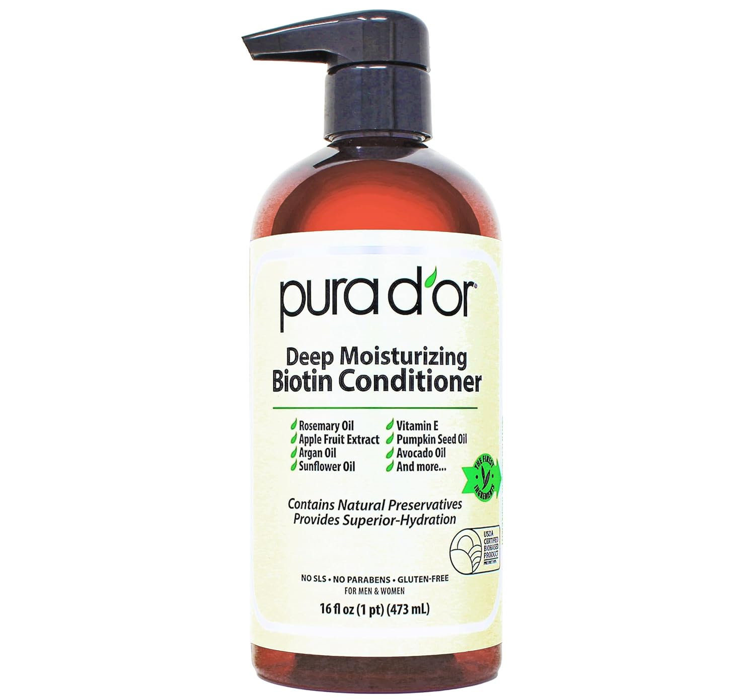 PURA D’OR Deep Moisturizing Biotin Conditioner Thickens, Softens, & Moisturizes Dry, Frizzy, Damaged Hair w/Argan Oil, Pumpkin, Rosemary, Honeysuckle, Vitamin E, Men & Women, 16oz