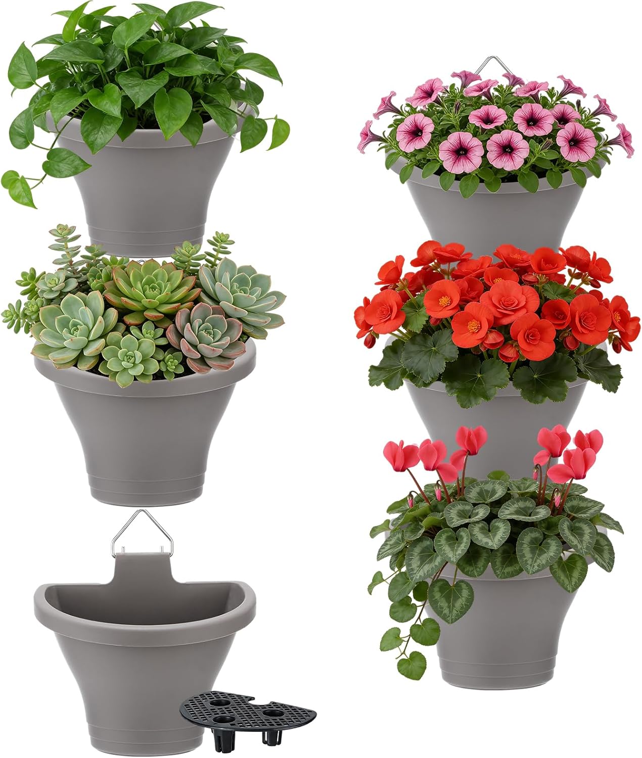MADHOLLY 6Pcs Vertical Hanging Planters for Outdoor Plants – Wall Plant Holder for Indoor Decorations Garden Fence, Plastic Flower Pots with Drainage Grid and Hooks (Gray)