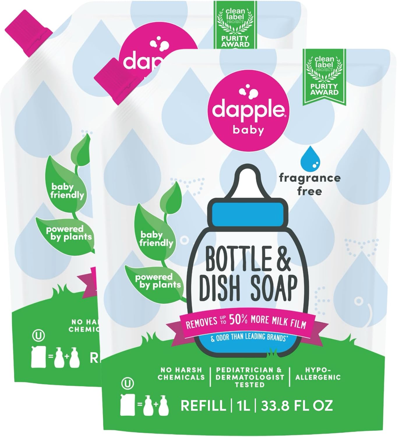 Dapple Baby Fragrance-Free Bottle & Dish Soap Refill Pouch – (2 Pack) 33.8 fl oz – Plant-Powered Cleaner for Baby Bottles, Pump Parts, and Sippy Cups