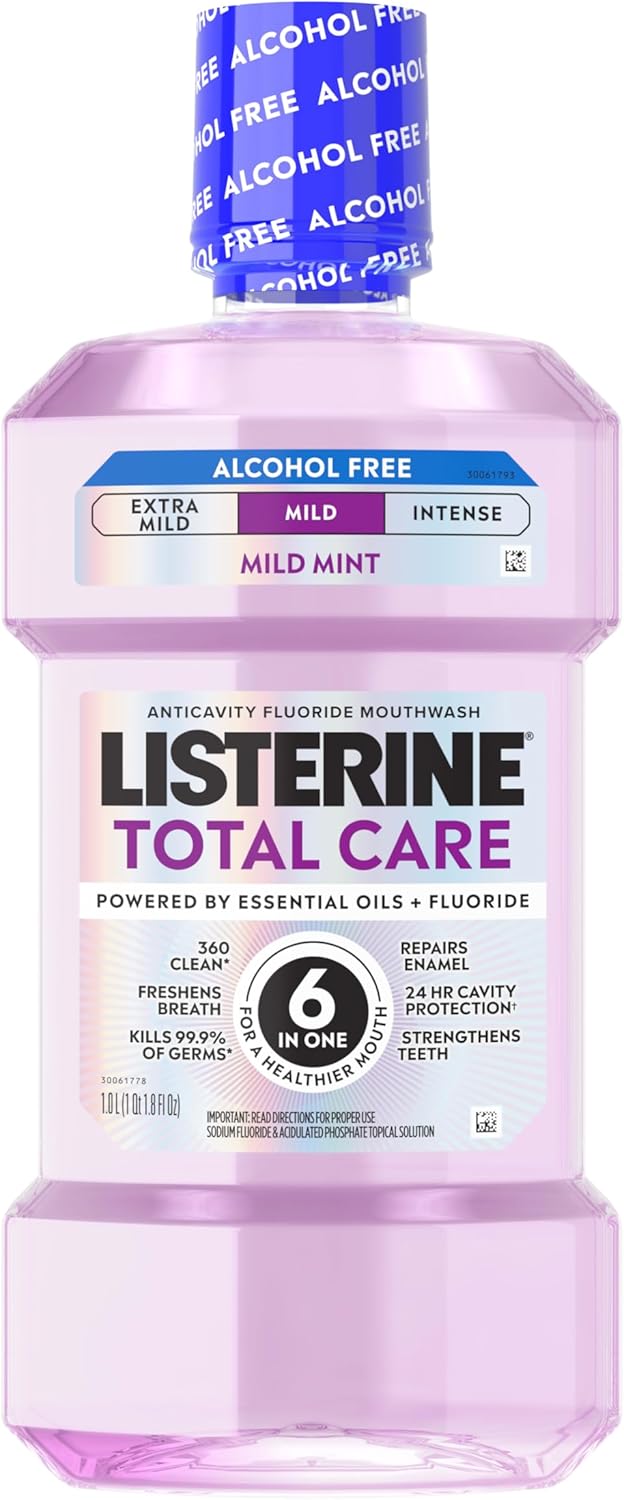 Listerine Total Care Alcohol-Free Mild Mouthwash, 6 Benefit Oral Rinse to Help Kill 99.9% of Germs that Cause Bad Breath, Strengthen Enamel, Mild Mint Flavor, 1 L
