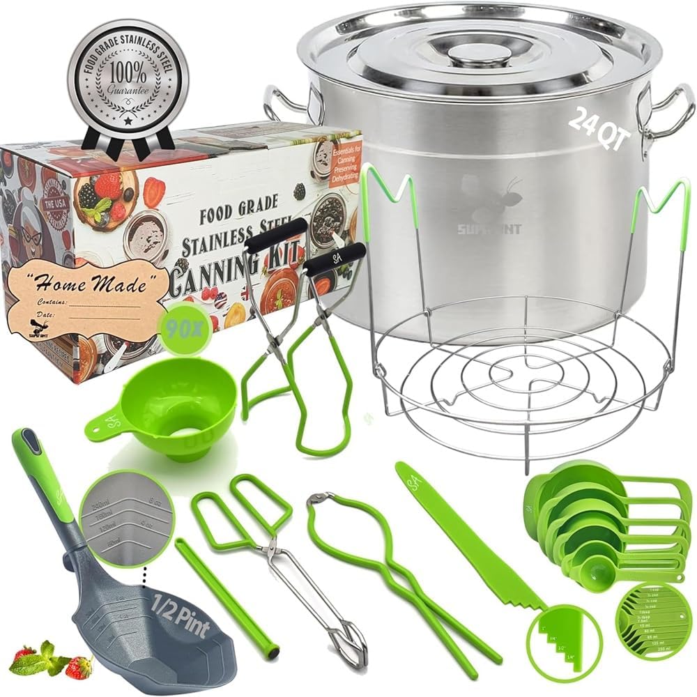 Food-Grade 24 Qt Stainless Steel Canning Pot with Rack and Lid, Large Water Bath Canner, Full Home Canning Supplies Starter Kit | All-in-One Kitchen Tools & Accessories Set | by Supa Ant