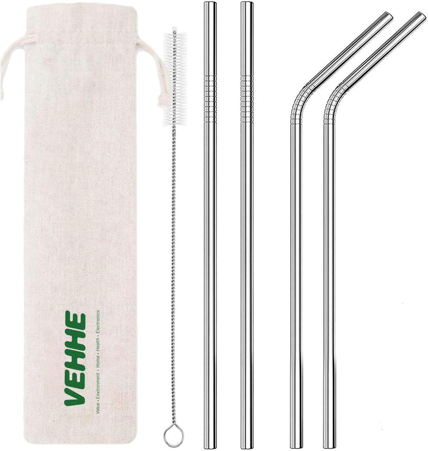 VEHHE Metal Straws Stainless Steel Straws Drinking Straws Reusable – 10.5″ Ultra Long 4 + 1 – W/Cleaning Brush for 20/30 Oz for Yeti RTIC SIC Ozark Trail Tumblers (2 Straight|2 Bent|1 Brush)