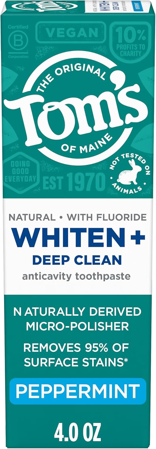 Tom’s of Maine Whiten Plus Deep Clean Whitening Toothpaste with Fluoride, Natural Whitening Toothpaste with Plant-Based Cleansers, Enamel Safe Formula, Peppermint, 4.0 oz
