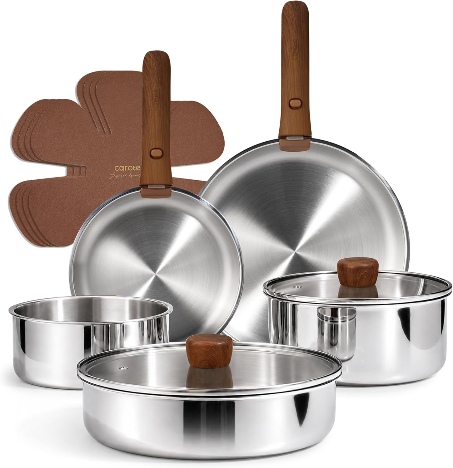 CAROTE 13 PCS Tri-Ply Stainless Steel Cookware Set with Detachable Handle, Pots and Pans Set, Induction Kitchen Cooking Sets, RV/Camping Cookware, Oven Safe