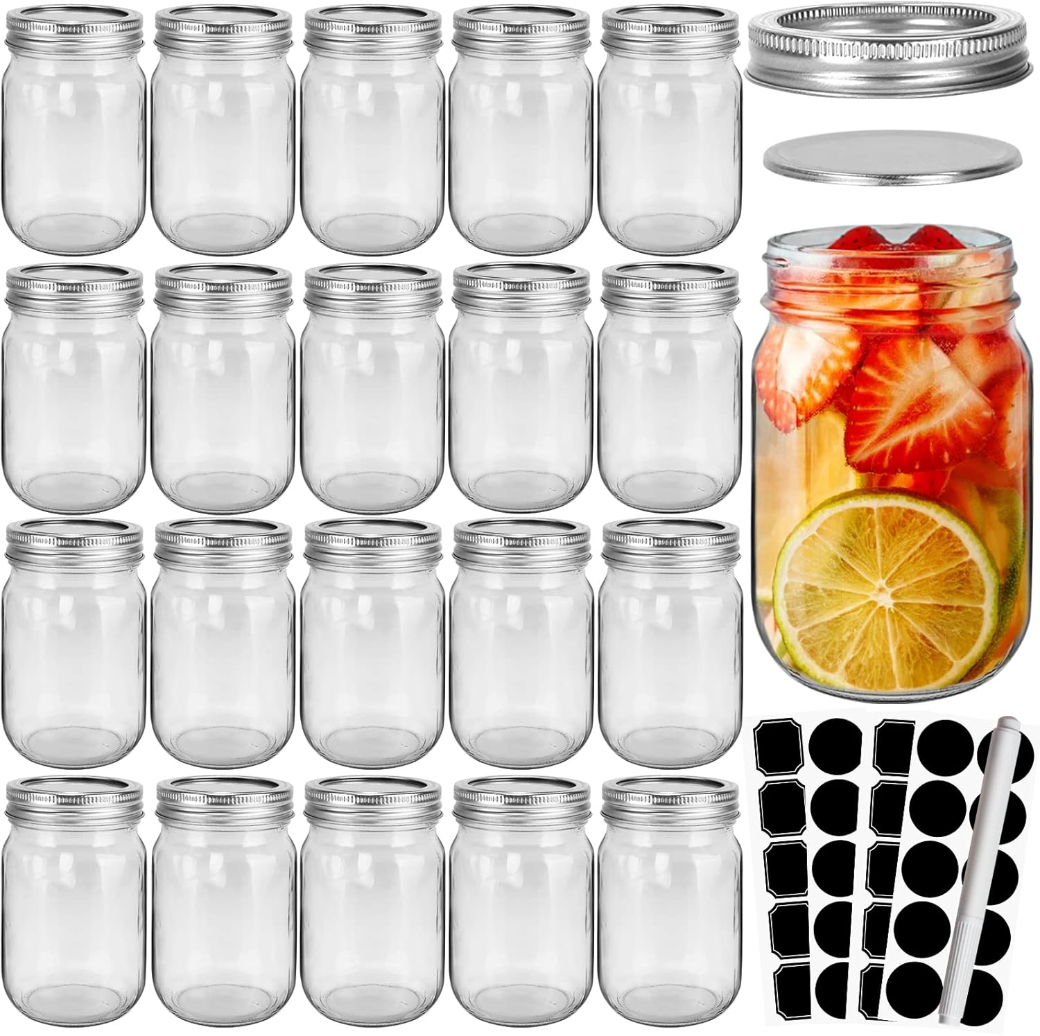 CycleMore 20 Pcs 12oz Glass Mason Jars With Silver Separable Lids, 350ml Round Canning Jars for Honey, Jam, Herb, Wedding Favor, Kitchen Storage Wide Mouth Bottles for Crafts, Meal Prep