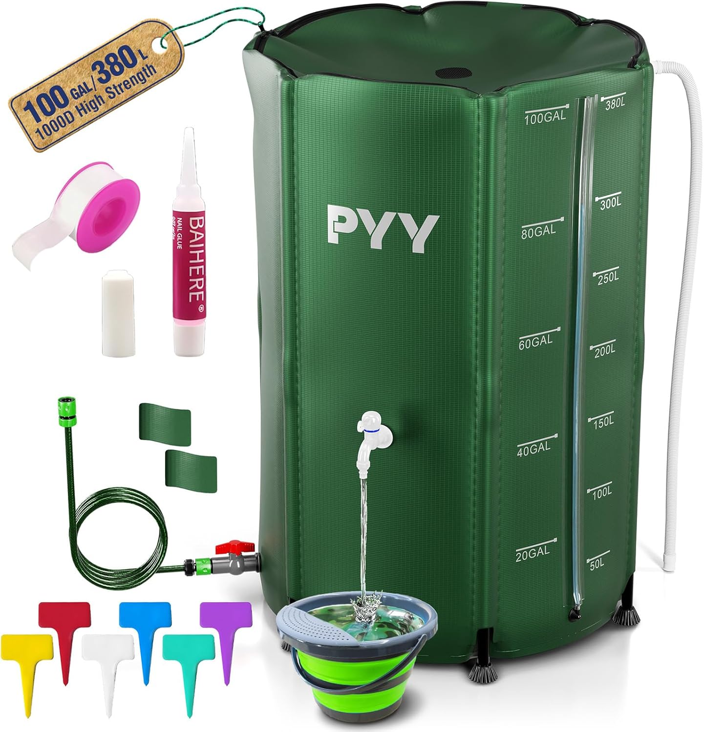 PYY Rain Water Collection Barrel – 100 Gallon Green Large Water Storage Tank with Spigots, Portable Rain Catcher to Collect Rainwater from Gutter, Plastic Rain Catchment System with Collapsible Bucket
