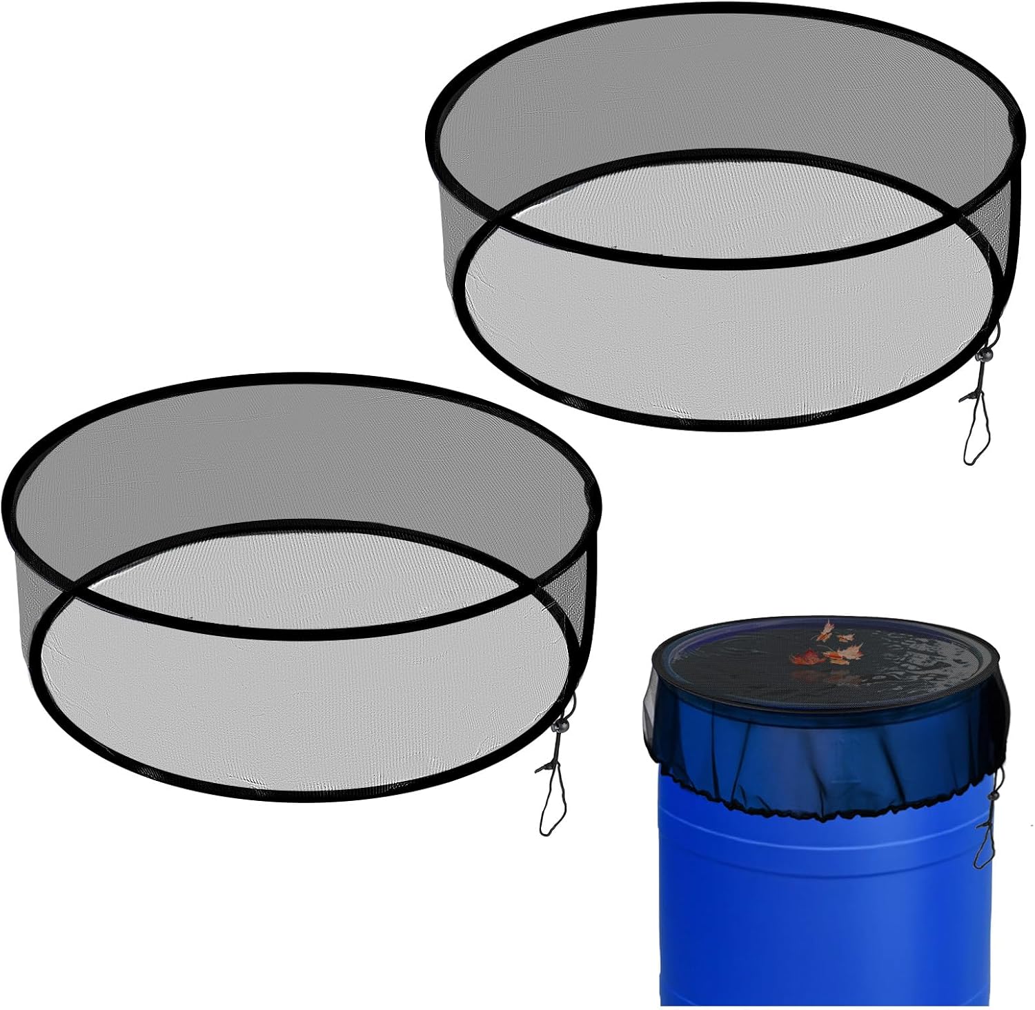 Tryly 2Pcs Mesh Cover for Rain Barrels, Pop Up Rain Barrel Net Cover with Drawstring, Water Collection Buckets Cover, Rain Barrel Netting Screen to Block Leaves and Debris Falling in (24.8inch)