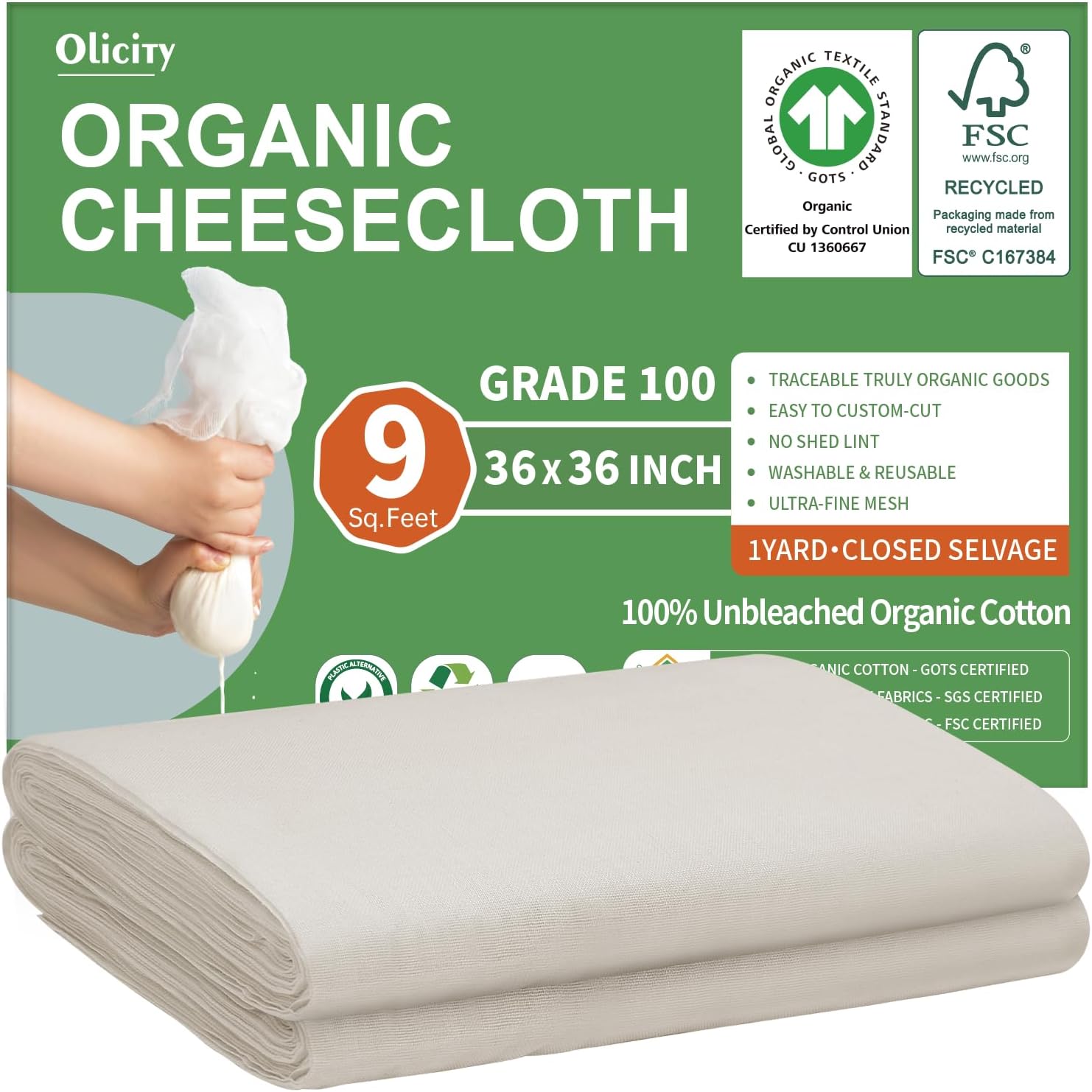 Organic Cheese Cloths, GOTS Certified, Grade 100, 36x36Inch, Reusable Cheese Cloth with Closed Edges Fabric Fine Mesh Cloth, Unbleached Cotton Muslin Cheesecloth for Straining,Cooking,Crafts – 9 Sq.Ft