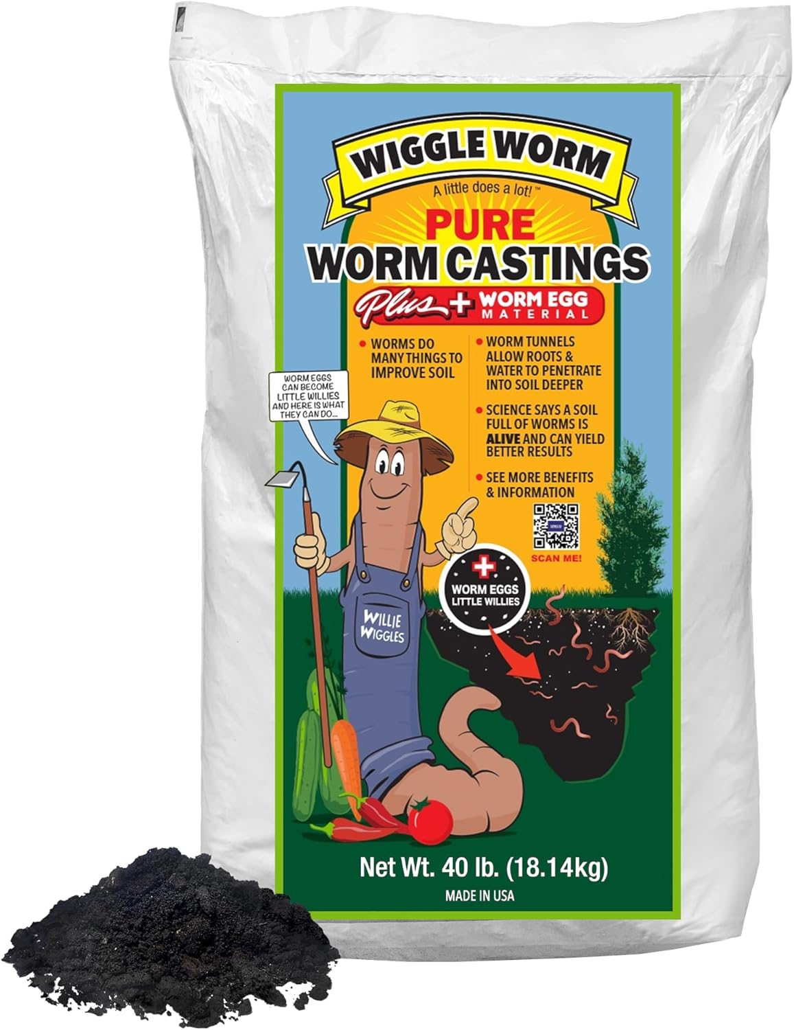 Wiggle Worm 100% Pure Worm Castings Plus Worm Egg Material, 40lbs – Fertilizer and Soil Amendment for Indoor and Outdoor Gardening to Improve Soil Fertility and Aeration – 100% Organic and Odor Free