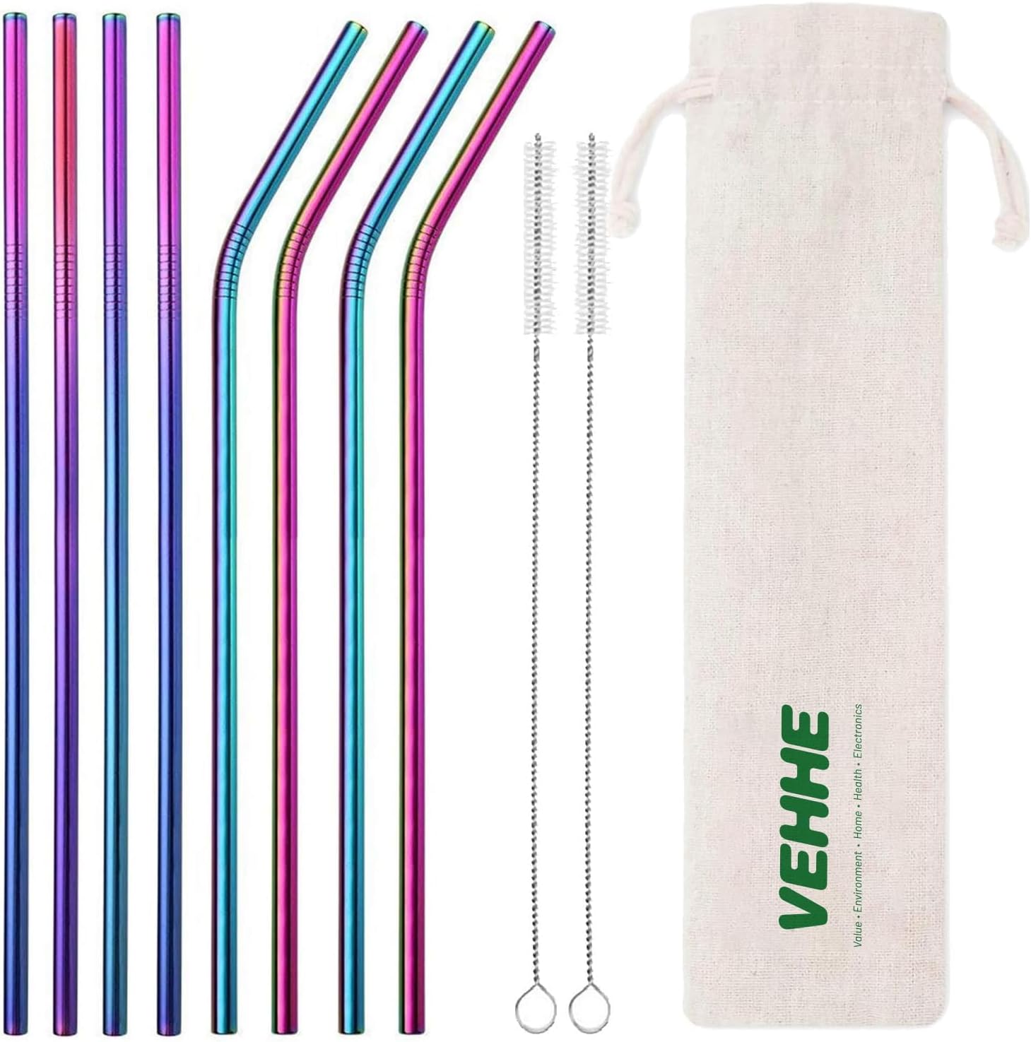 VEHHE Metal Straws Drinking Straws 10.5″ Stainless Steel Straws Reusable 8 Set – Ultra Long Rainbow Color-Cleaning Brush for 20/30 Oz for Yeti