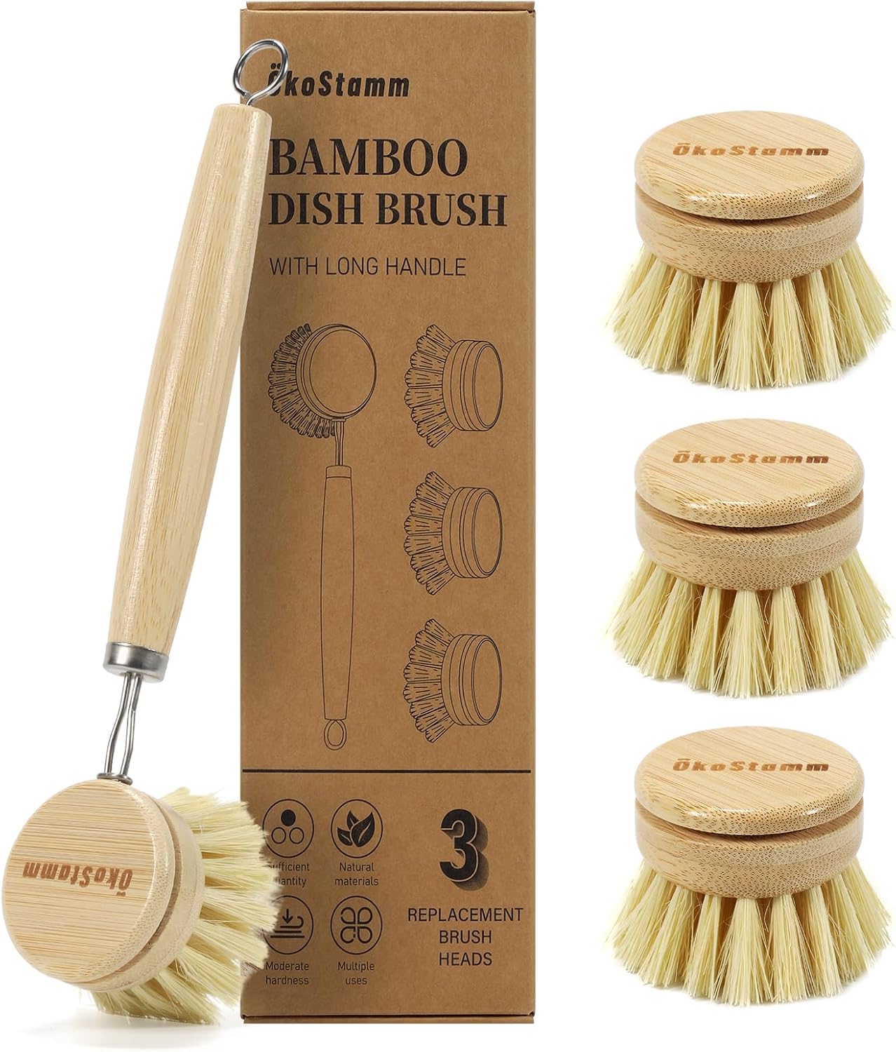 Bamboo Dish Brush with Long Handle – Natural Dish Scrubber Brush Set Includes 4 Replacement Brush Heads, Sisal Bristle Bamboo Brush for Dishes, Pans, Pot, Fruit and Veggie