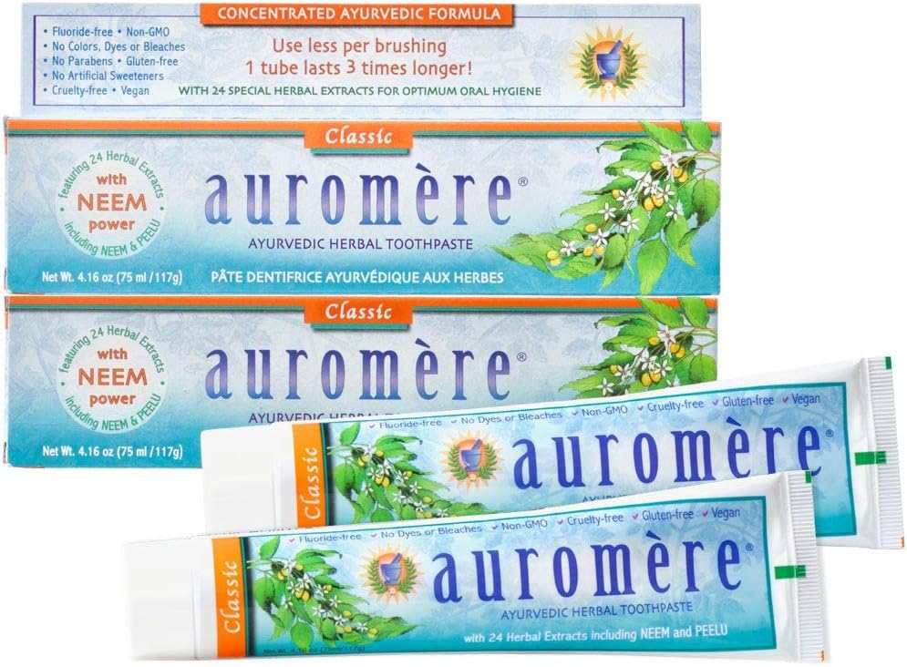 Auromere Ayurvedic Herbal Neem & Clove Toothpaste – All Natural Fluoride Free Toothpaste for Adults and Kids, Suitable for Sensitive Teeth, SLS-Free, Non GMO, Vegan, Cruelty-Free – 5 Pack