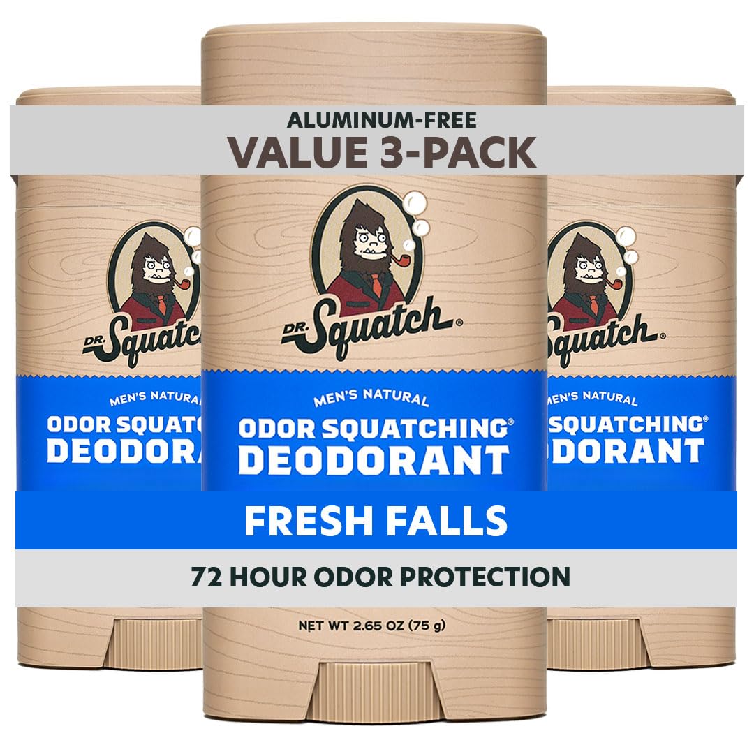 Dr. Squatch Natural Men’s Deodorant – Aluminum Free Natural Deodorant Men with Charcoal & Postbiotics for 72-Hour Odor Protection – Fresh Falls, 2.65oz Stick (3-Pack)