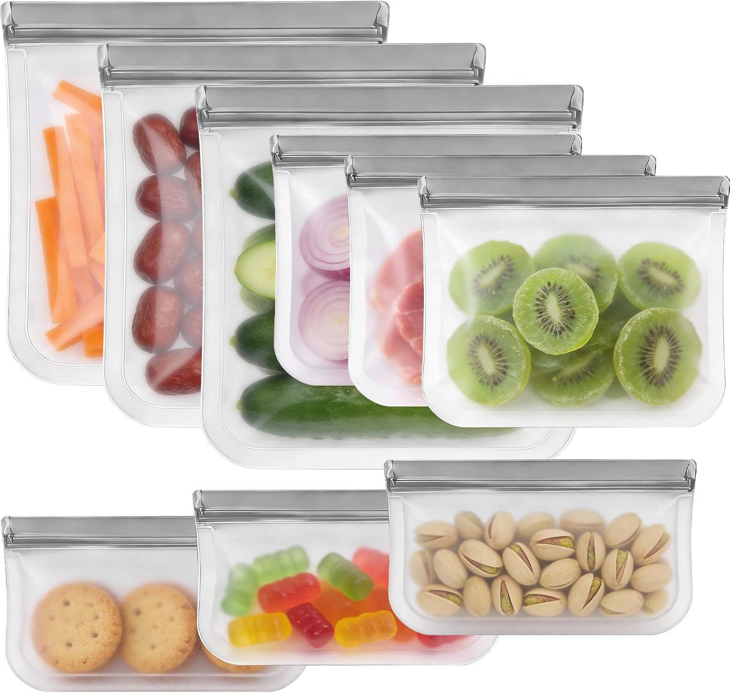 9 Pack Reusable Silicone Food Storage Bags – Freezer, Microwave & Dishwasher Safe Leakproof Reusable Bags, Freezer Storage Bags Sets – 3 Gallon 3 Snack 3 Sandwich Bags