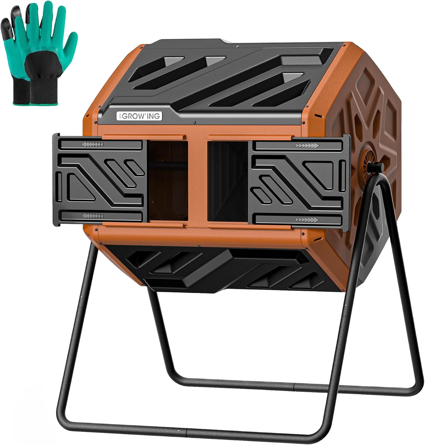 THEGROW’ING 43 Gallon Dual Chamber Compost Bin with Built-in Nuts, Outdoor Rotating Composter Tumbler for Garden Backyard, Orange