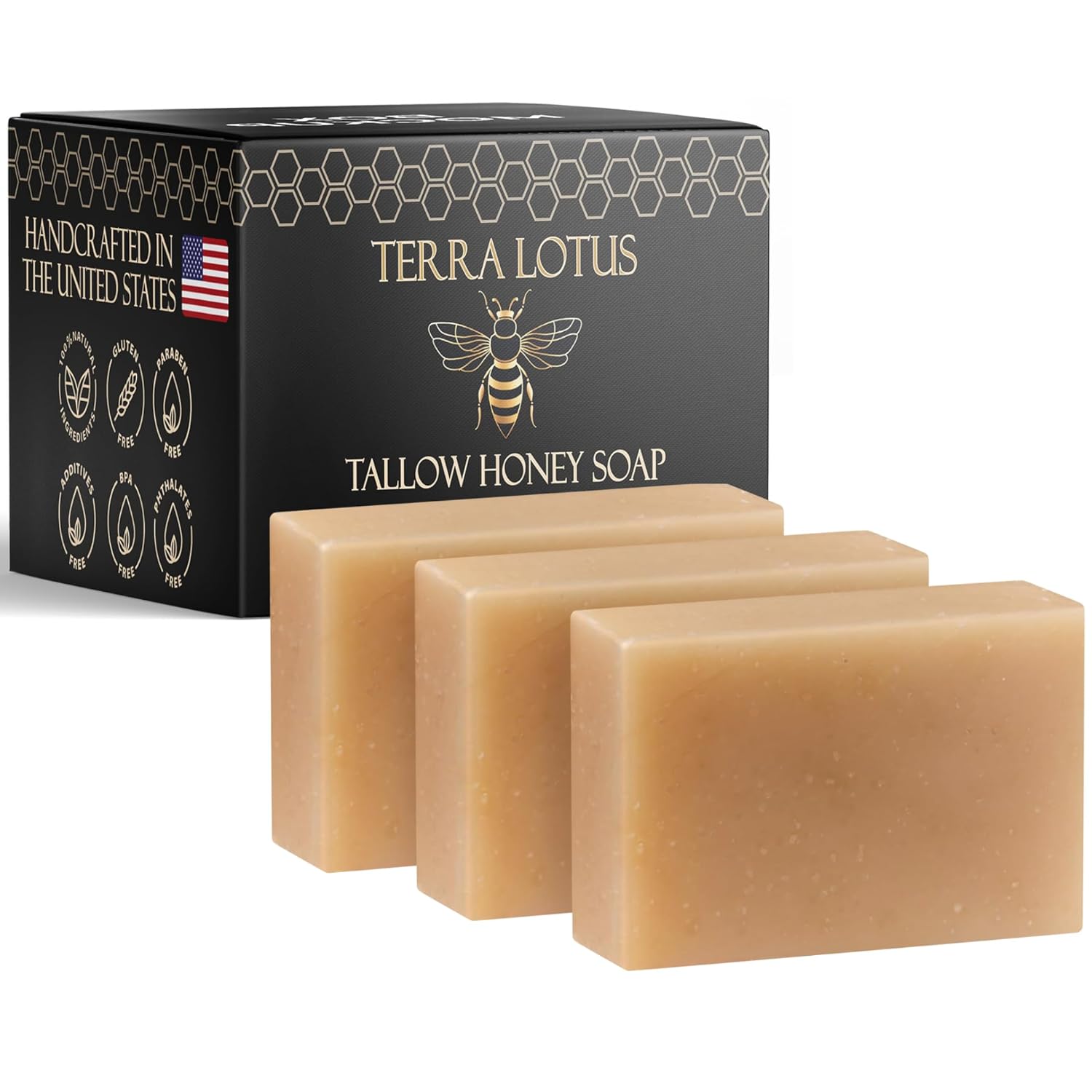 Terra Lotus – Organic Tallow Soap with Organic Castor Oil & Raw Honey – Hydrating & Nourishing – 3 Pack (Unscented)