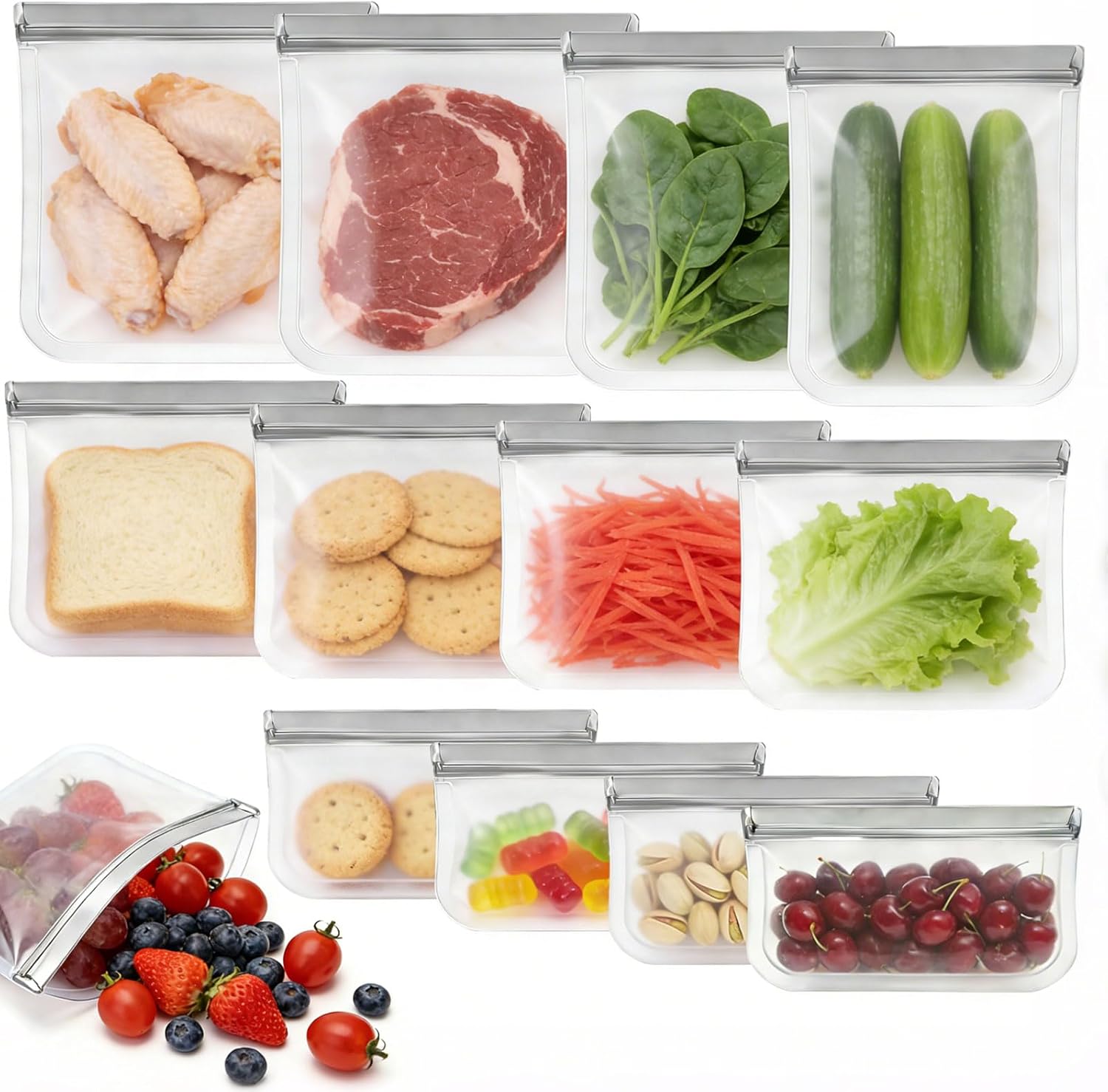 12 Pack Silicone Bags for Food Storage,Reusable Silicone Food Storage Bags,Freezer, Microwave & Dishwasher Safe,Reusable Freezer Food Bags, Leakproof-4 Gallon 4 Snack 4 Sandwich Bags,Grey