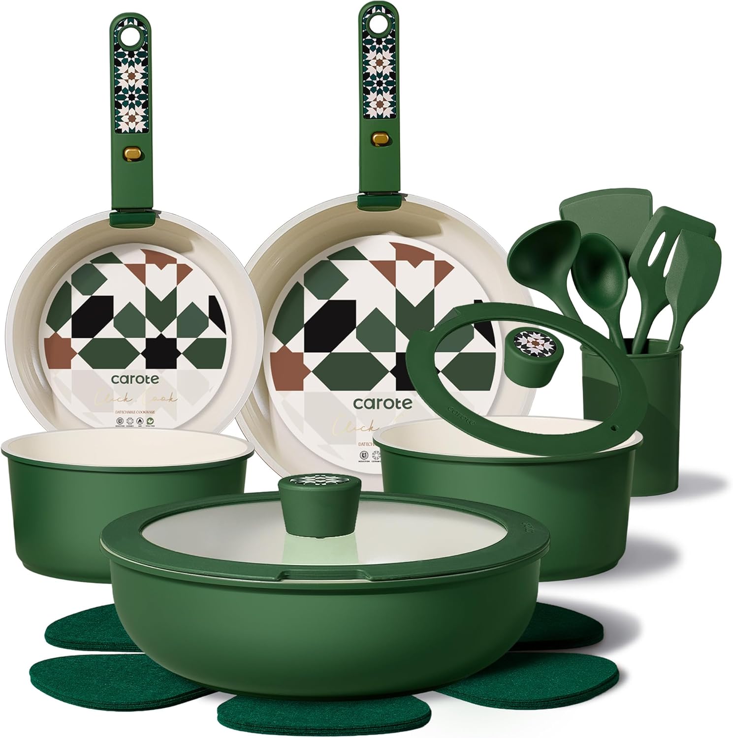 CAROTE 19Pcs Ceramic Cookware Set, Pots and Pans Set Non stick, Non Toxic Cookware Detachable Handle, Kitchen Cooking Set – Induction Cookware, Dishwasher/Oven Safe, PFAS Free, Green