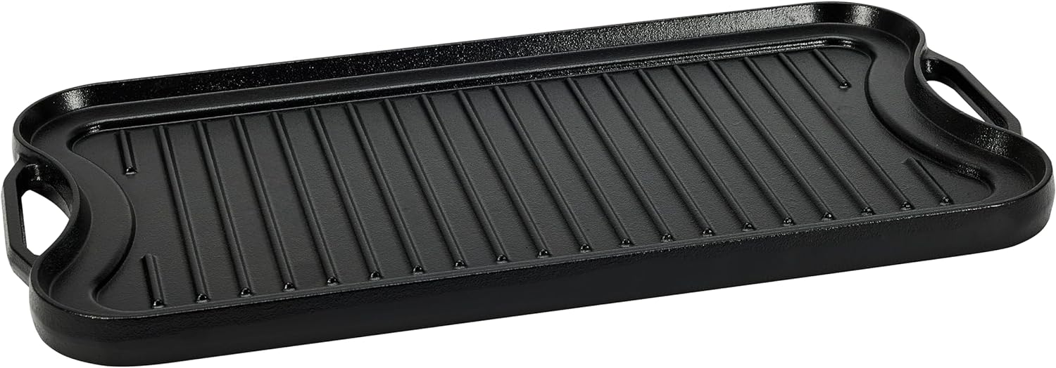 Amazon Basics Pre-Seasoned Cast Iron Reversible Rectangular Grill/Griddle with Even Heat Distribution, Black, 20 x 10.63 x 0.98 inch