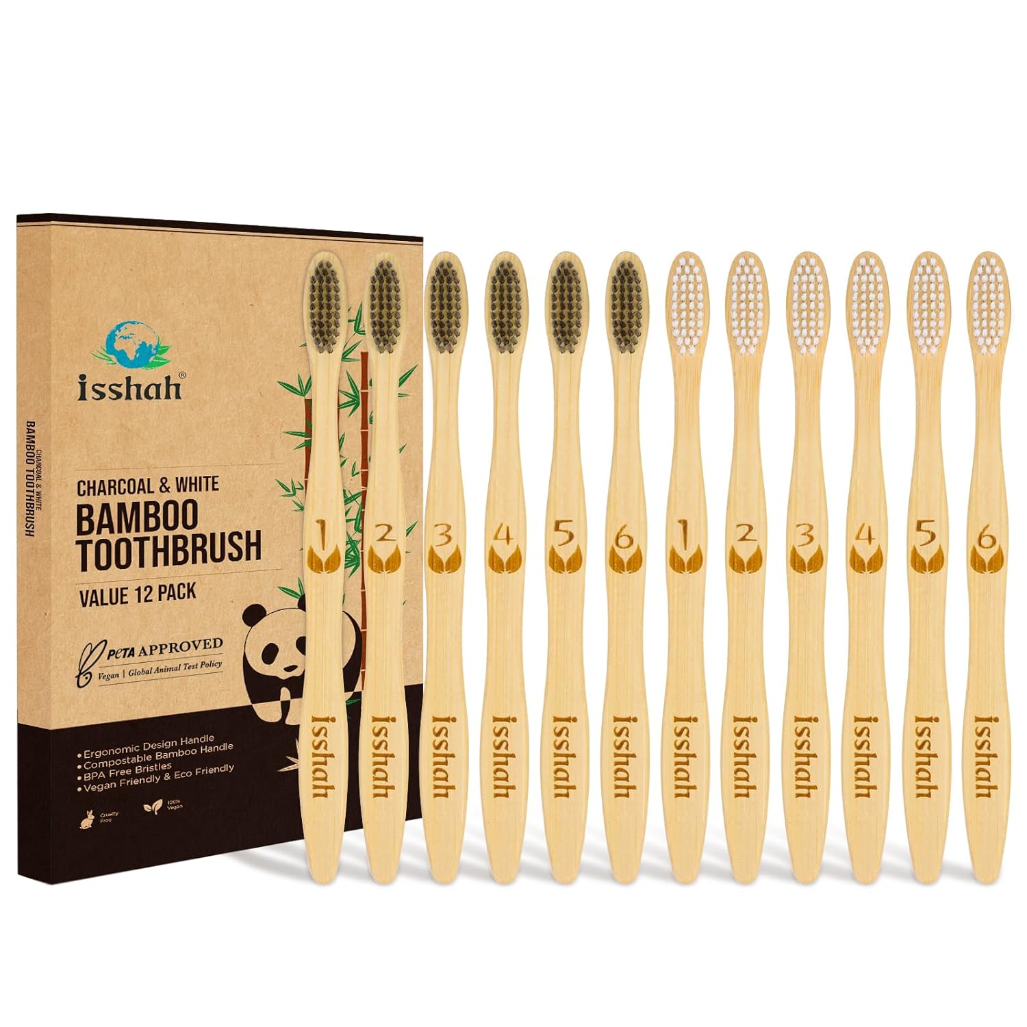 Isshah Biodegradable Eco-Friendly Natural Bamboo Charcoal Toothbrushes, FSC Certified and PETA Approved – 12 Count