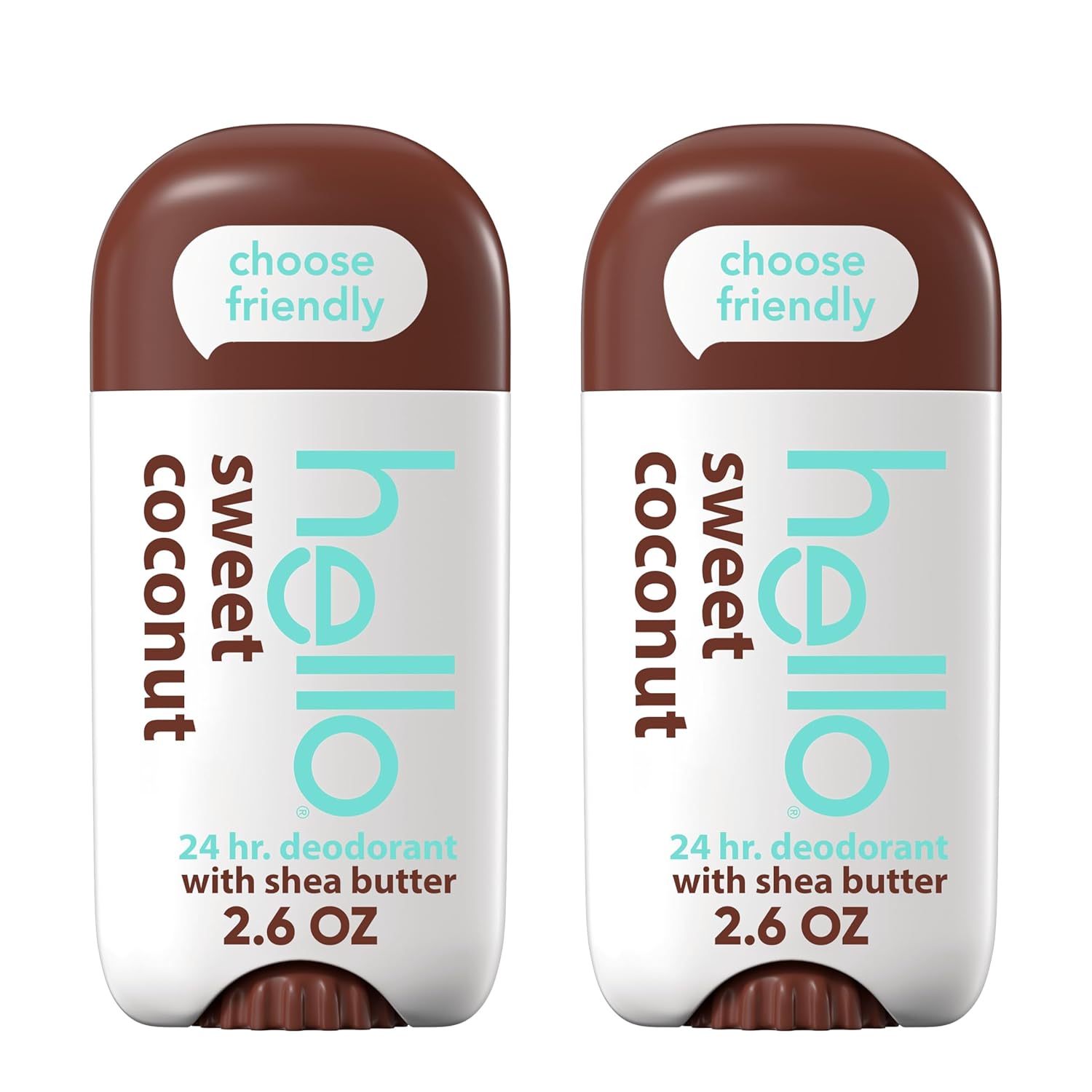 hello Sweet Coconut Aluminum Free Deodorant for Women and Men with Shea Butter, 24-Hour Freshness, Baking Soda Free Deodorant, Dermatologically Tested, 2.6 oz Stick (2 Pack)