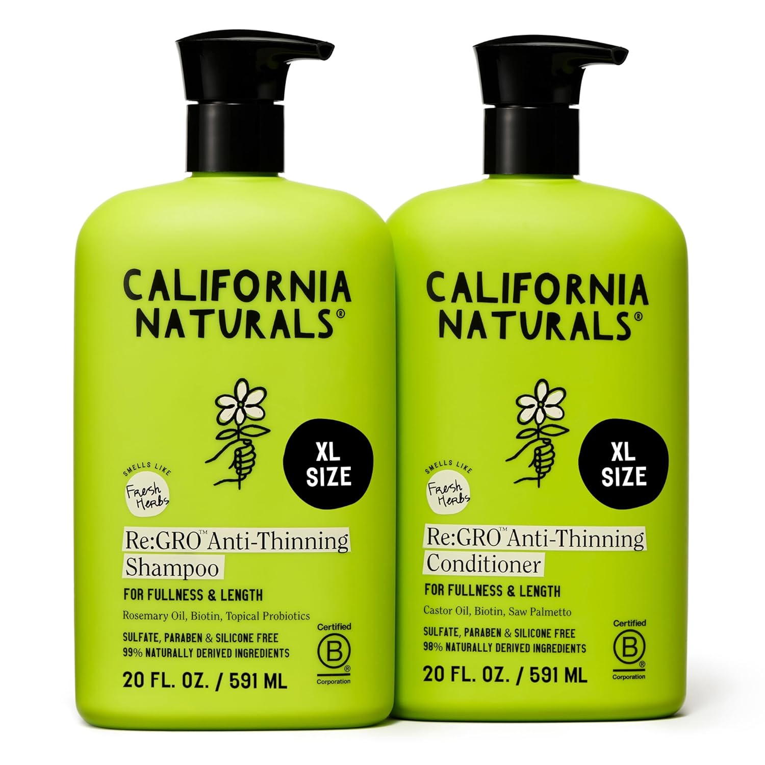 California Naturals Re:GRO Anti-Thinning Shampoo & Conditioner Set, Biotin, Caffeine & Rosemary Oil, Hair Loss & Thinning Support for Women and Men, Sulfate Free, 20 fl oz