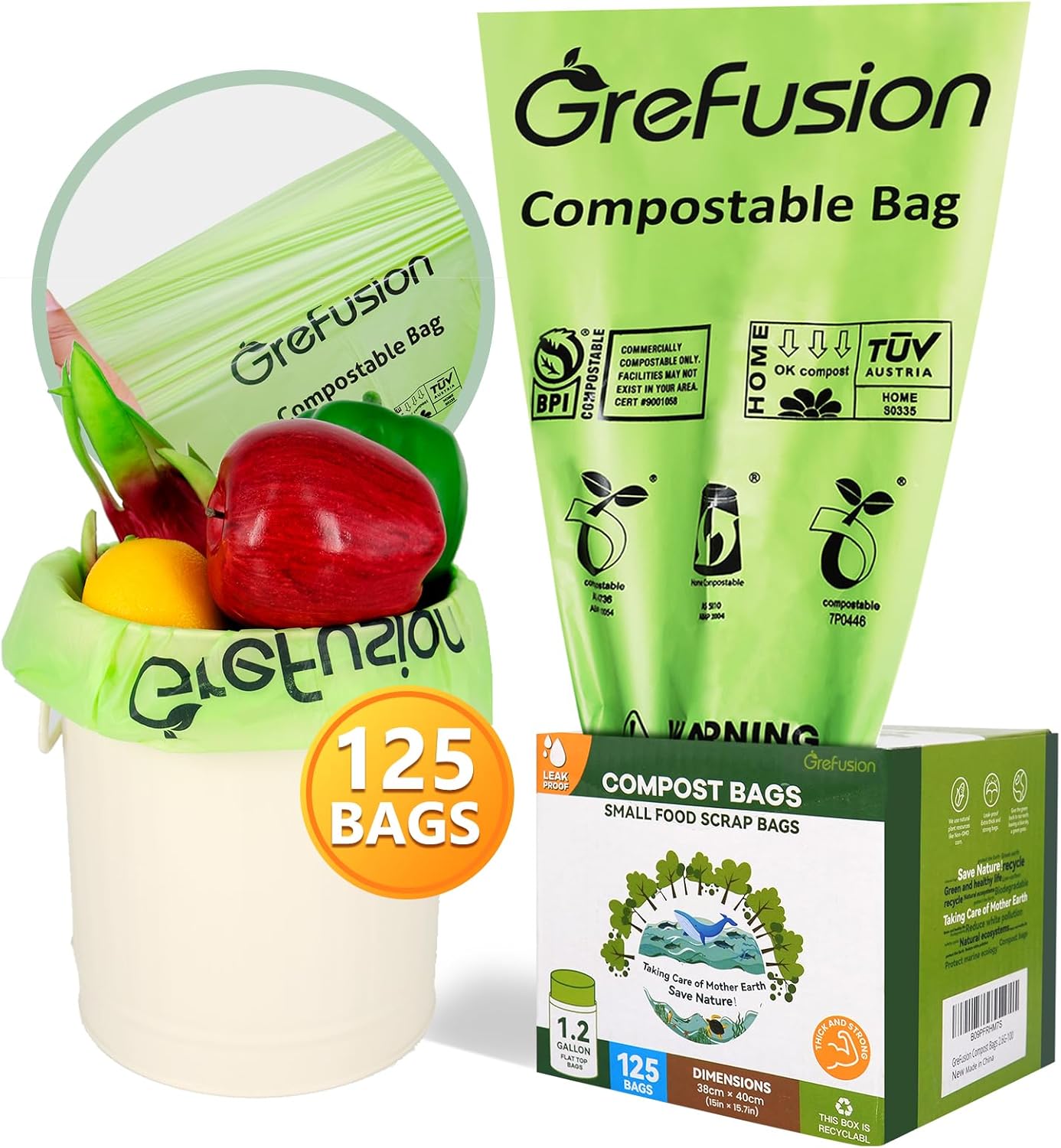 GreFusion Compostable Bags 1.2 Gallon,125 Count, Fits 0.75,1,1.2,1.3,1.6,1.8 Gallon Countertop Bin, Small compost bags, Certified by BPI, ASTM D6400 and OK Compost