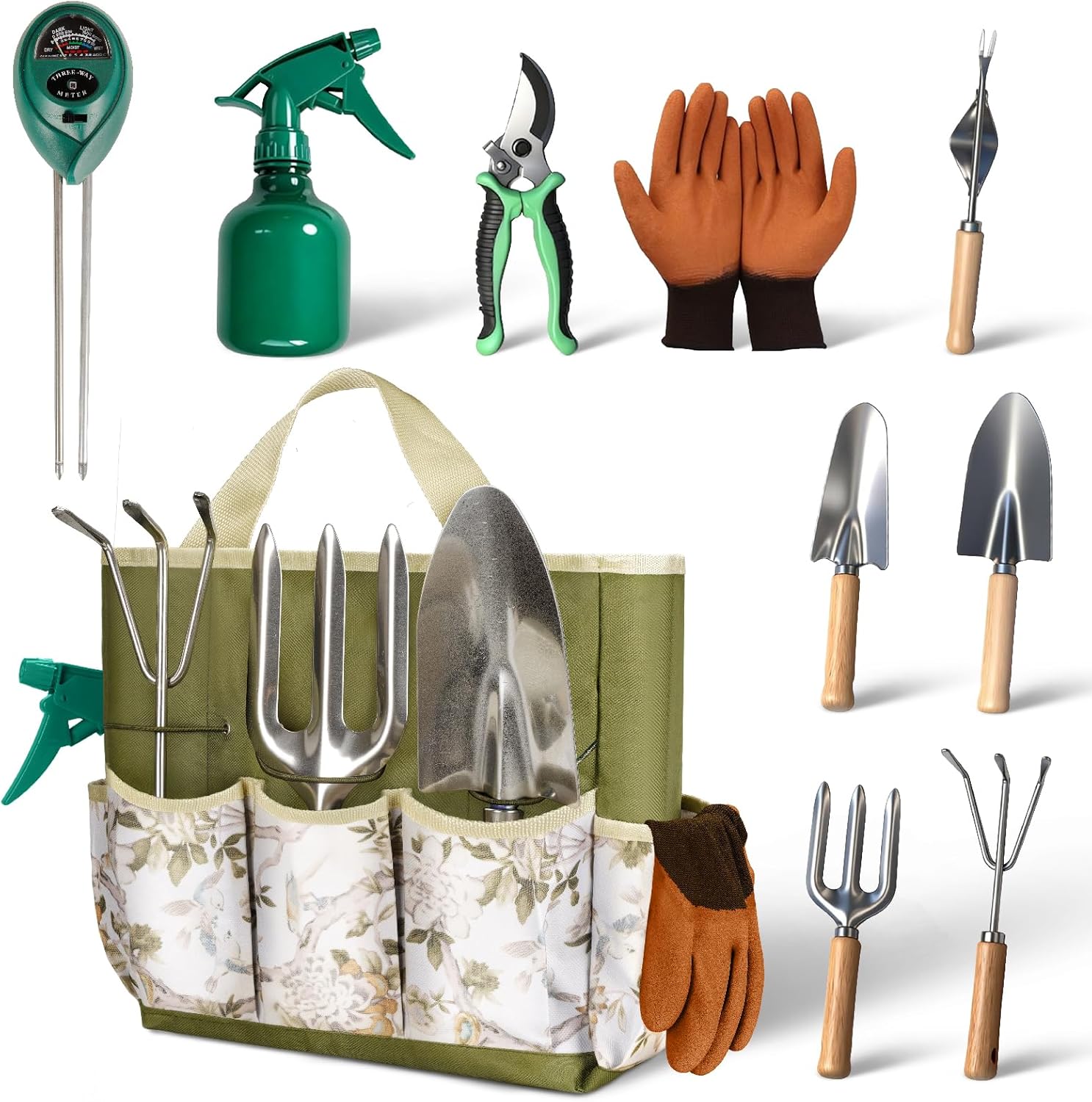 10-Piece Premium Gardening Tool Set—Includes A Moisture Meter, Heavy-Duty Rust-Resistant Stainless Steel Tools with A Storage Carry Bag. The Perfect Gardening Gift for Both Men and Women (Green)