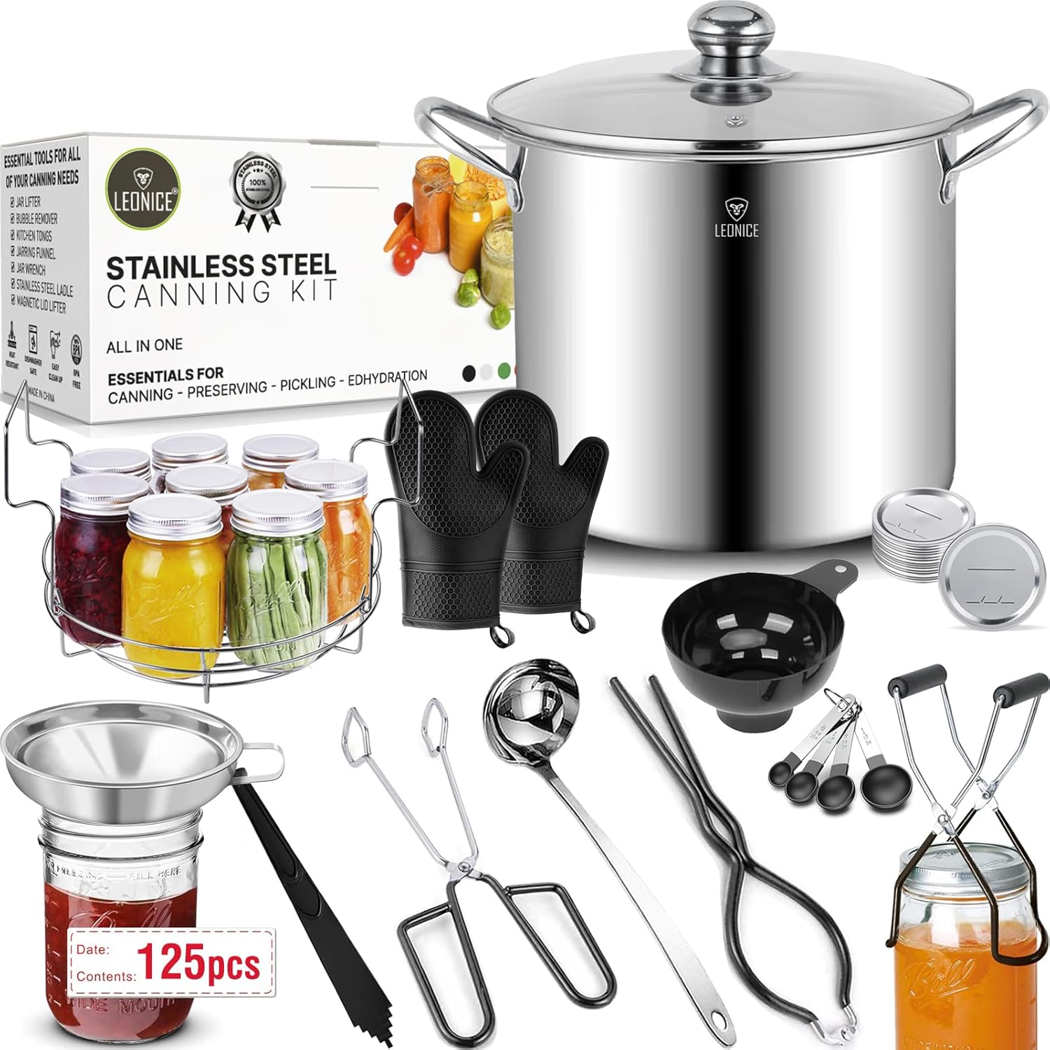 Canning Supplies Starter Kit – Water Bath Canning Pot with Rack,Stainless Steel Canner Kit Set Tools: 2pcs Funnels,3 in 1 Lid Lifter,Ladle,Tongs,Silicon Gloves & Accessories Equipment for Beginner