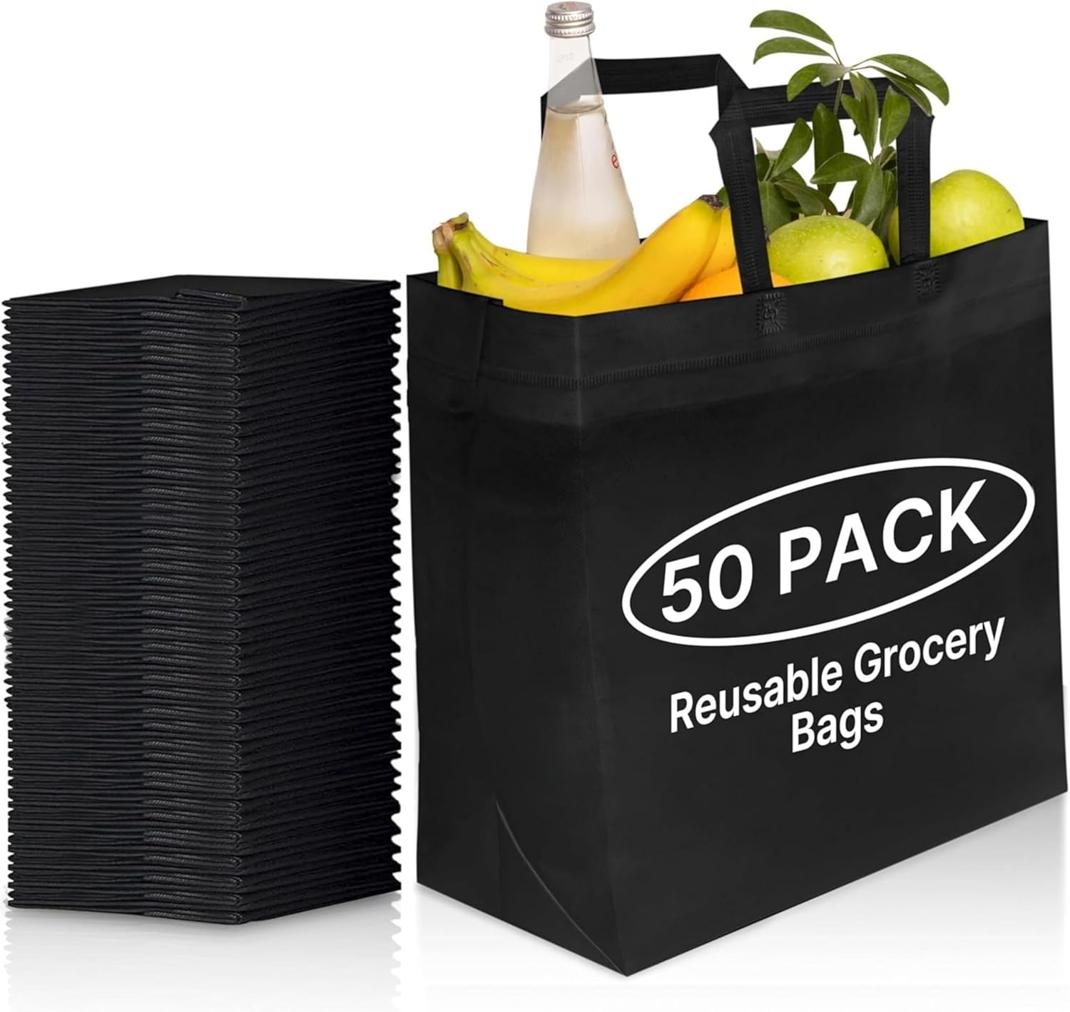 Simply Cool 50 Pack Black Reusable Eco-Friendly Large Grocery Shopping Bags 14.5″x14″x6.6″ Durable Recyclable Washable Foldable Portable Tote Bags Bulk