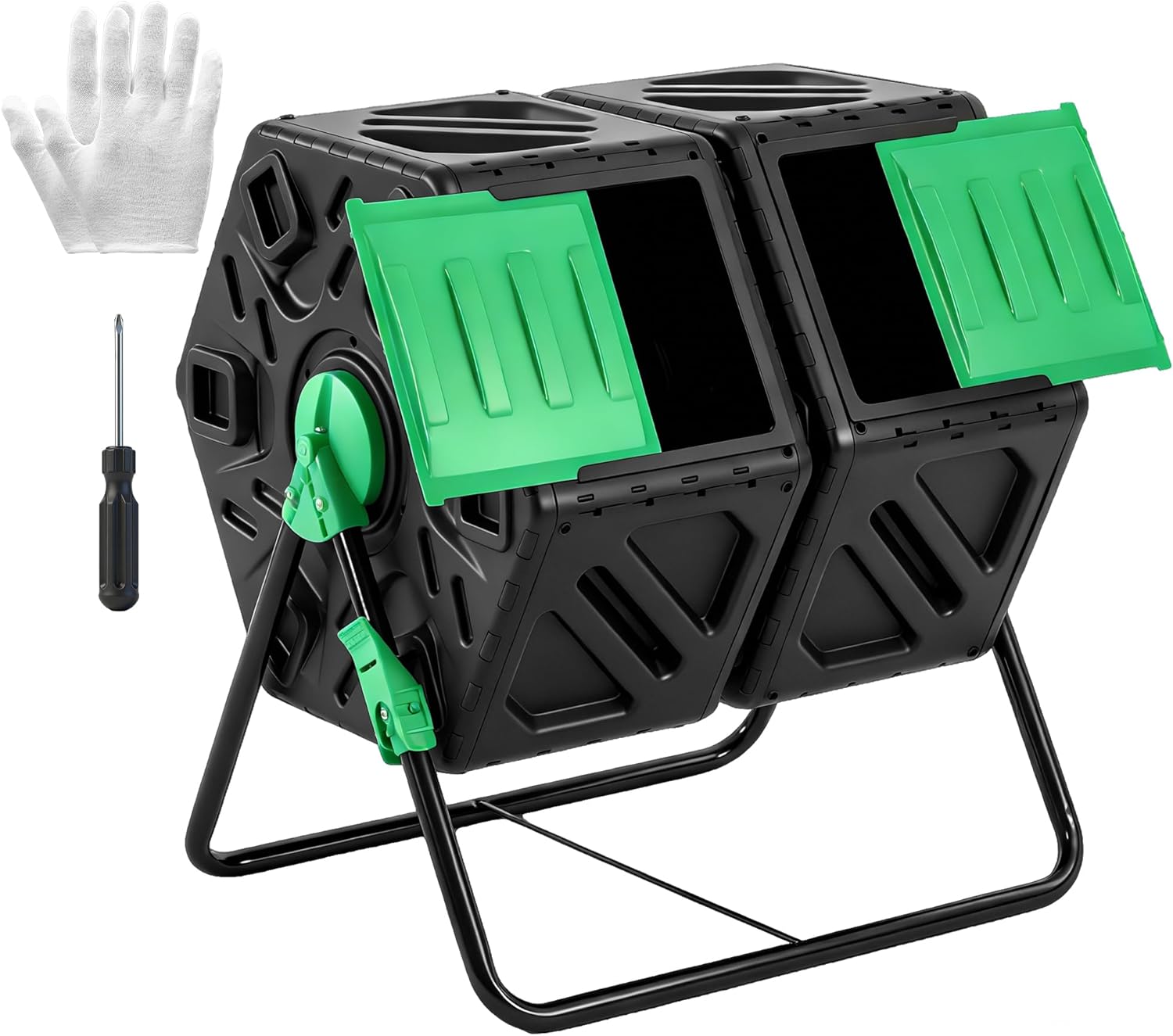 OLIXIS Compost Bin Outdoor 37 Gallon, Separated Dual Chamber Composter Tumbler Outdoor with Gloves, Efficient 360°Rotating Composting Bin for Patio, Lawn, Home Gardening and Landscape, Green