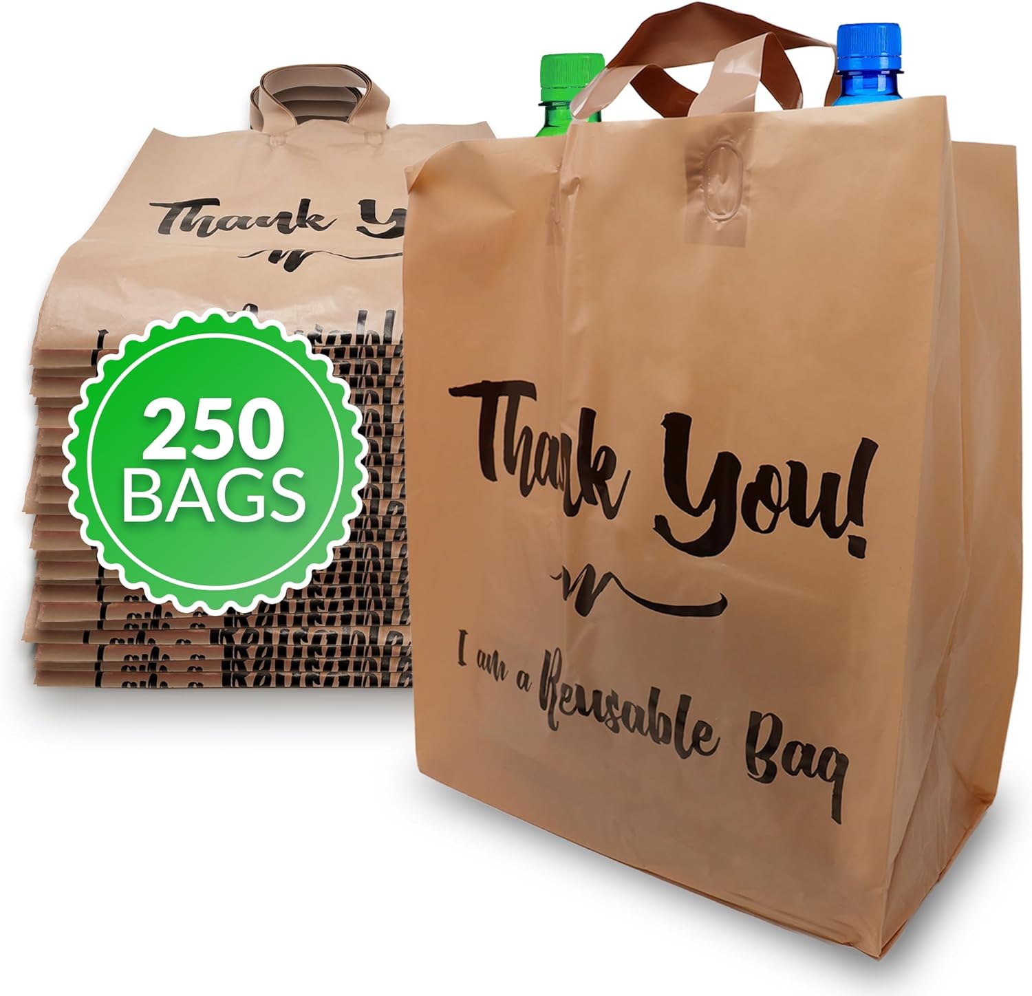Reli. Reusable Thank You Bags | 250 Pack, 2 Mil | Brown/Kraft Shopping Bags Plastic | 12″ L x 6.75″ W x 14″ H | Ideal for Groceries, Retail, Food Take Out/To Go, Small Business