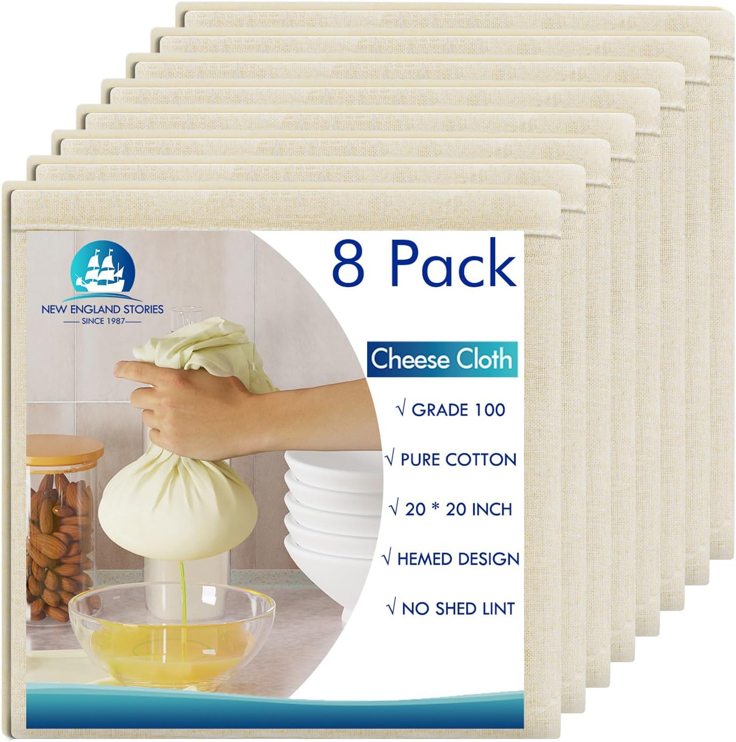 8 PCS Reusable Cheesecloth, Grade 100, 20×20 Inch Hemmed Cheese Cloth for Straining Craft, 100% Cotton Unbleached Cloth Strainer for Cooking, Baking, Juicing, Cheese Making
