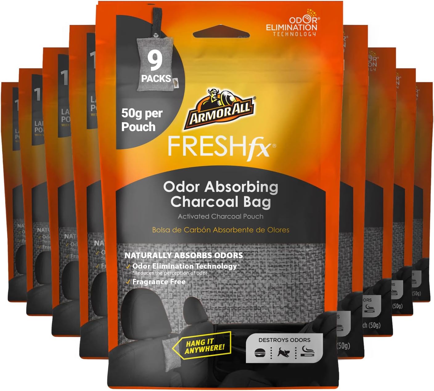 Armor All Fresh FX Charcoal Bag Deodorizer (9 Count) – Charcoal Deodorizer Bags for Cars, Natural Bamboo Car Air Freshener