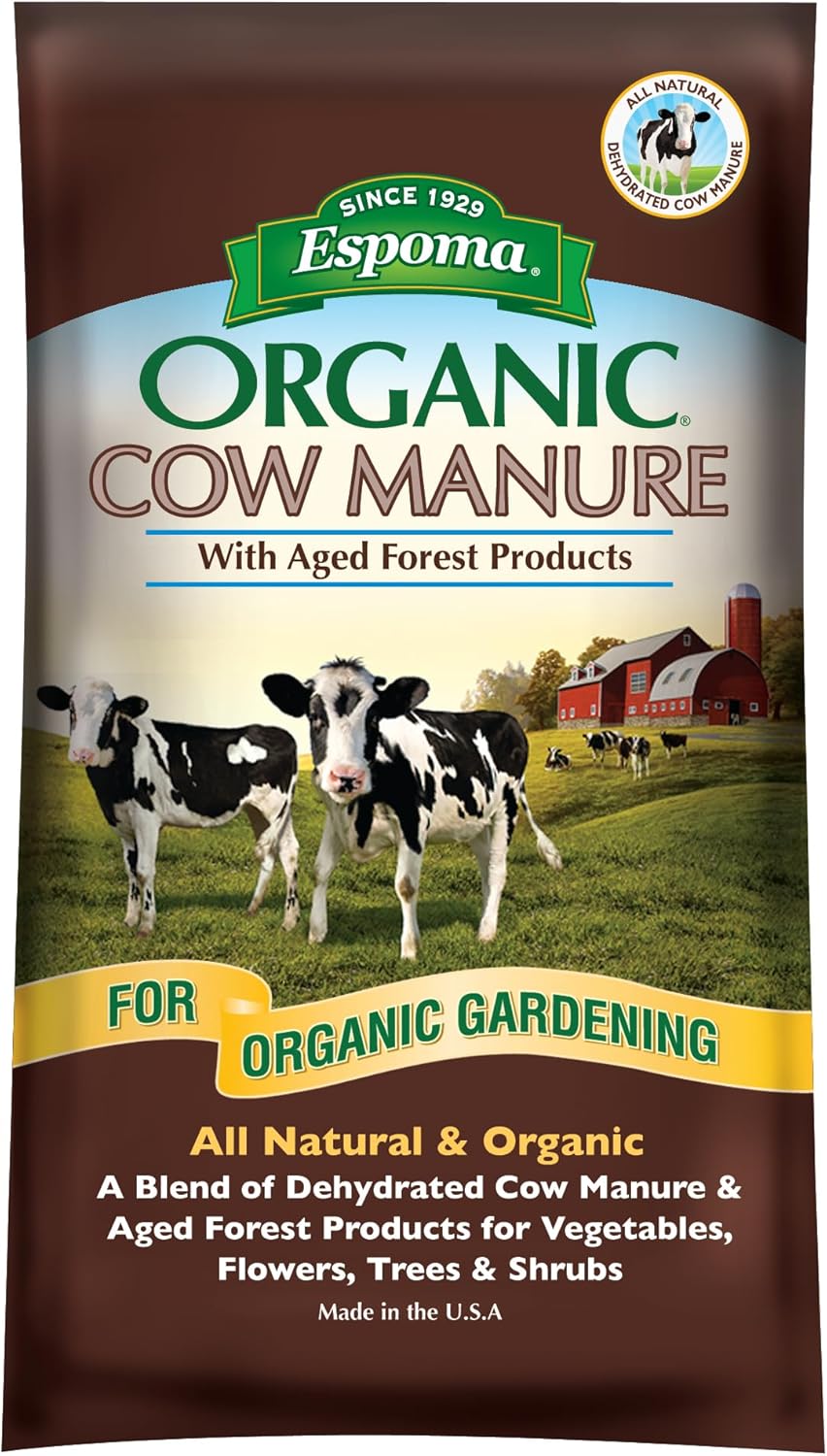 Espoma Organic Cow Manure with Aged Forest Products – 1 Cubic Foot Bag. Soil Amendment & Fertilizer for use When Planting Vegetables, Flowers, Trees & Shrubs.