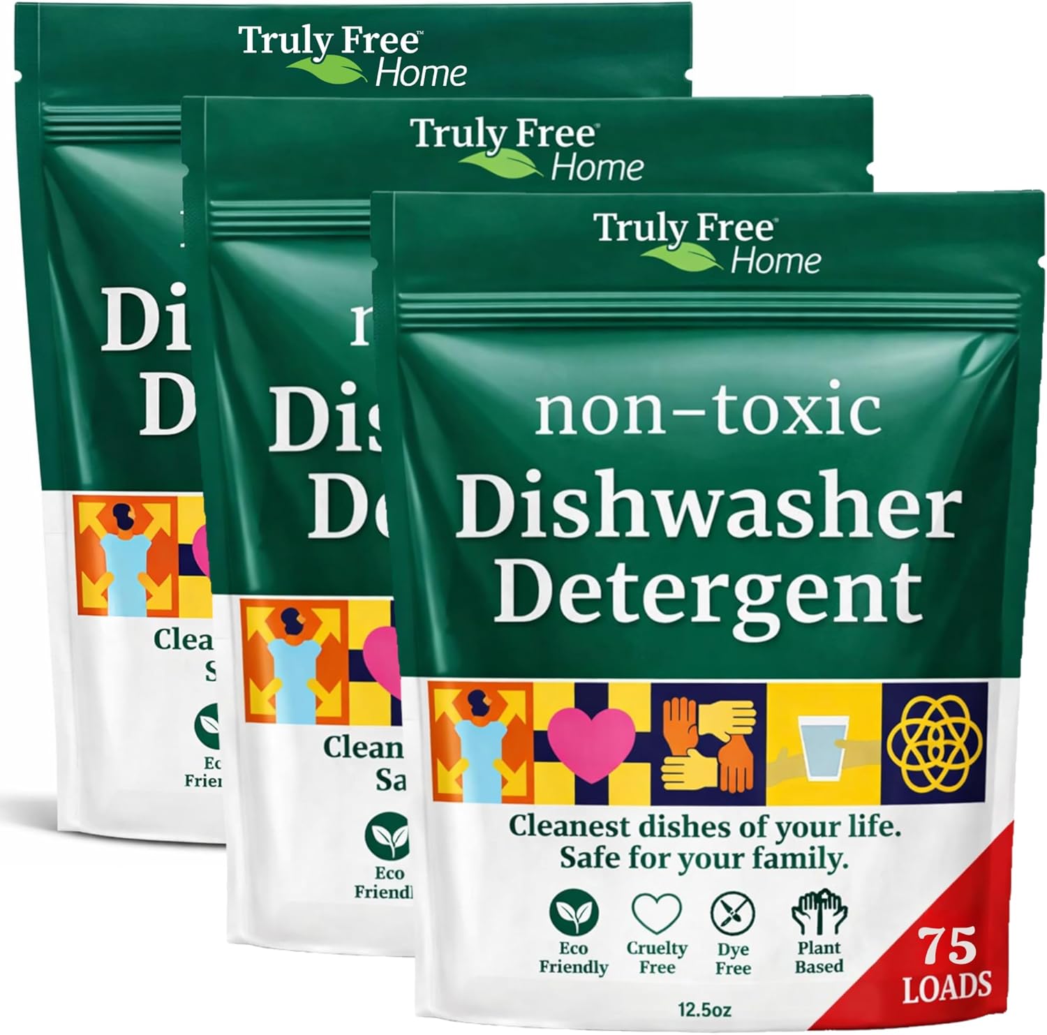 Truly Free Dishwasher Detergent Powder | Natural Dish Detergent, Dishwasher Soap | Plastic Free, Plant-Based, Clean, Heavy Duty Hard Water Stain & Grease Remover | Fragrance Free | 12.5 oz (Pack of 3)