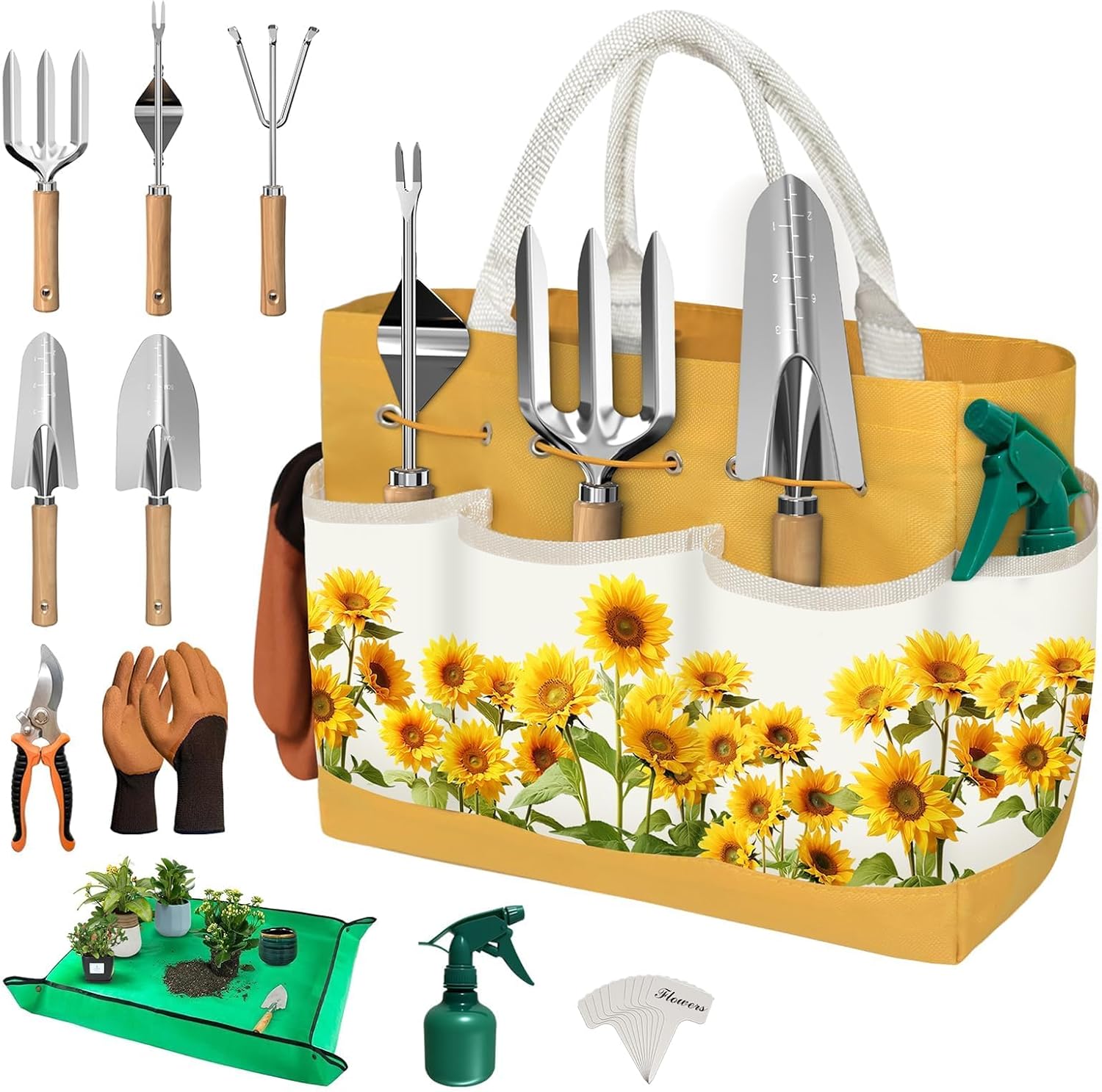 22Pcs Gardening Tools Set for Women Heavy Duty Garden Hand Tool Kit,Gifts for Mothers Day Mom Beginner Gardening Accessories with Sunflower Tote Bag/Shovel/RepottingMat/Plant Labels/Gloves-Yellow