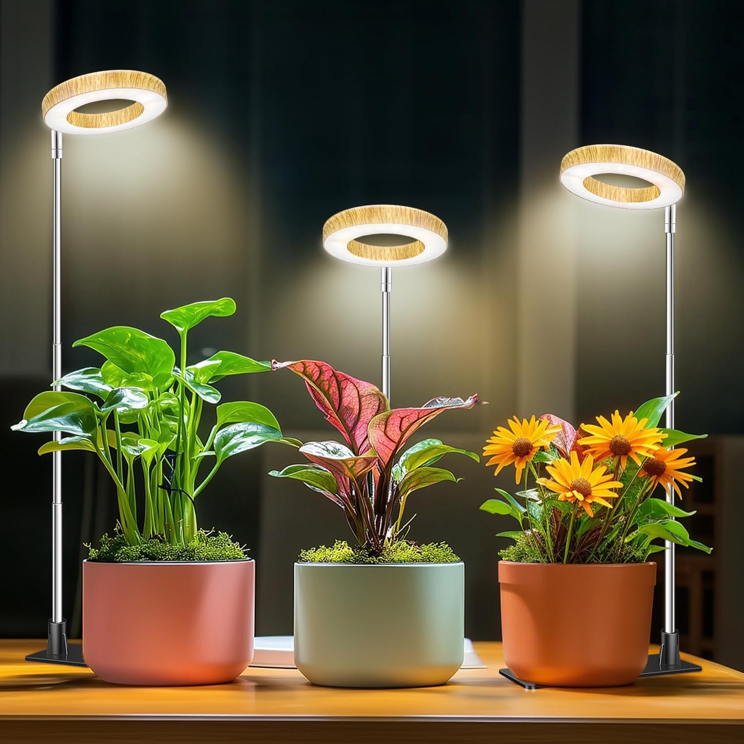Aokrean Grow Light, 48 LEDs Full Spectrum Plant Lights for Indoor Growing, Height Adjustable Wood Grain Plant Grow Light with Base, 3 Optional Spectrums, Auto Timer 6/12/16Hrs, 5 Brightness