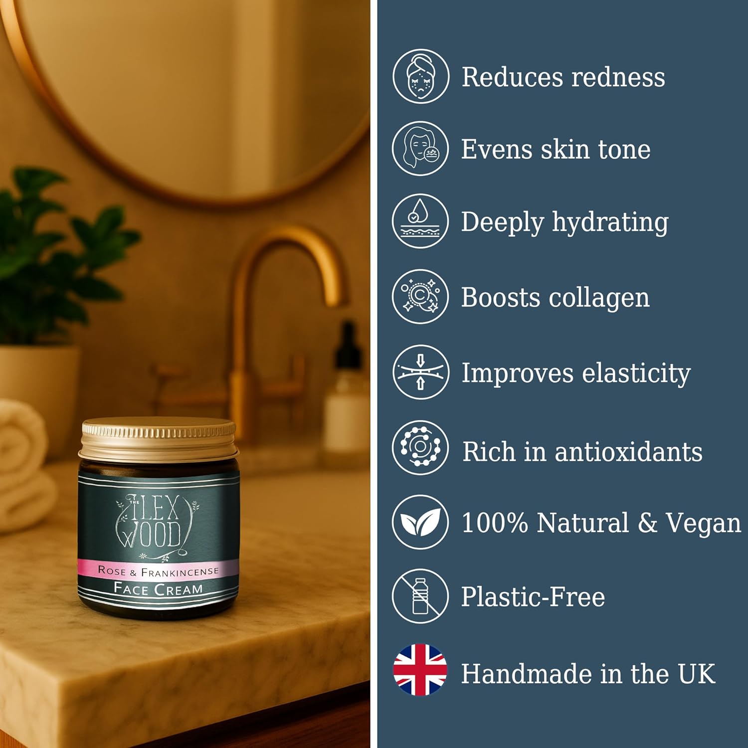 The Ilex Wood – Rose and Frankincense Face Cream – 100% Natural, Vegan, Moisturising, Anti Ageing, Wrinkle and Line Reducing Ingredients – 60ml (2.03 fl oz)