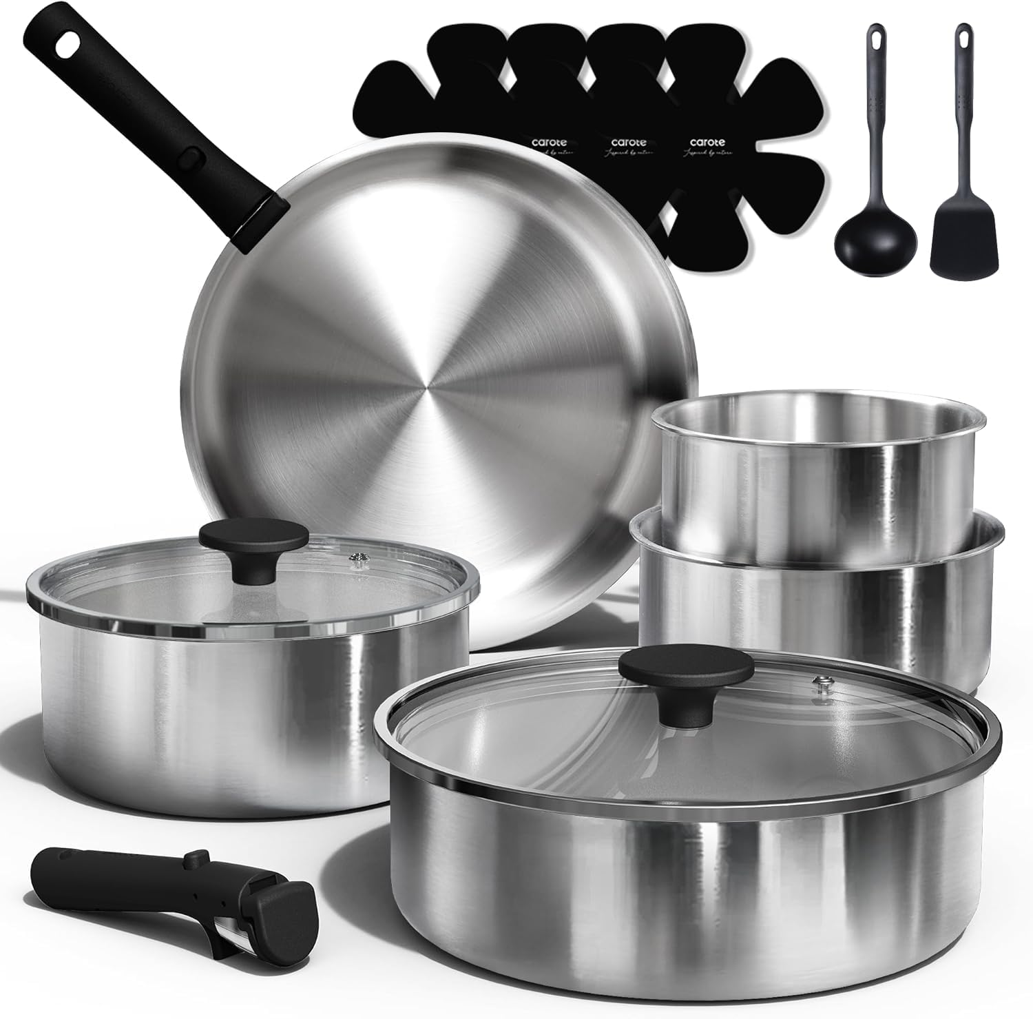 CAROTE Pots and Pans Set, Stainless Steel Cookware Set Detachable Handle, 15pcs Induction Kitchen Cookware Sets with Removable Handle, RV Cookware Set, Oven Safe, Mothers Day Gifts