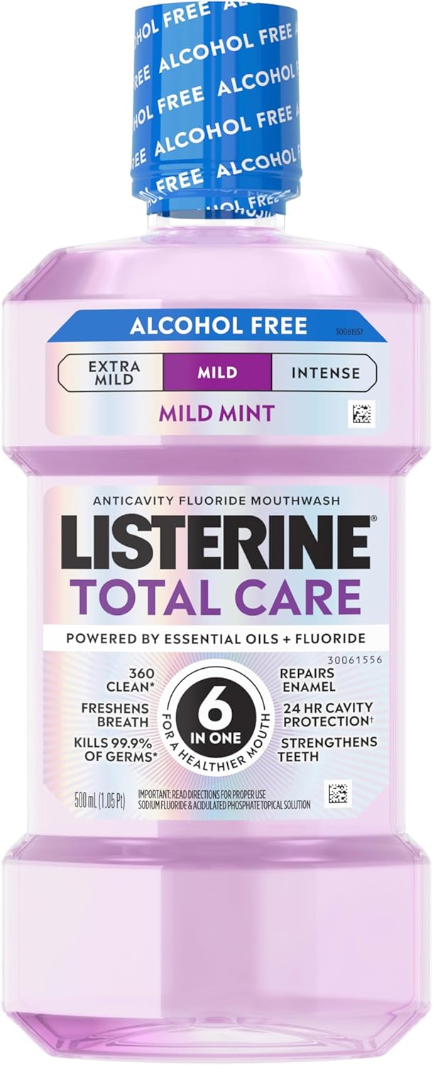 Listerine Mouthwash Total Care Mild Mint, Alcohol Free Mouthwash for Adults, Fluoride Mouth Rinse, Non Alcohol Anticavity Oral Rinse, Kills 99.9% of Bad Breath Germs, 500 mL