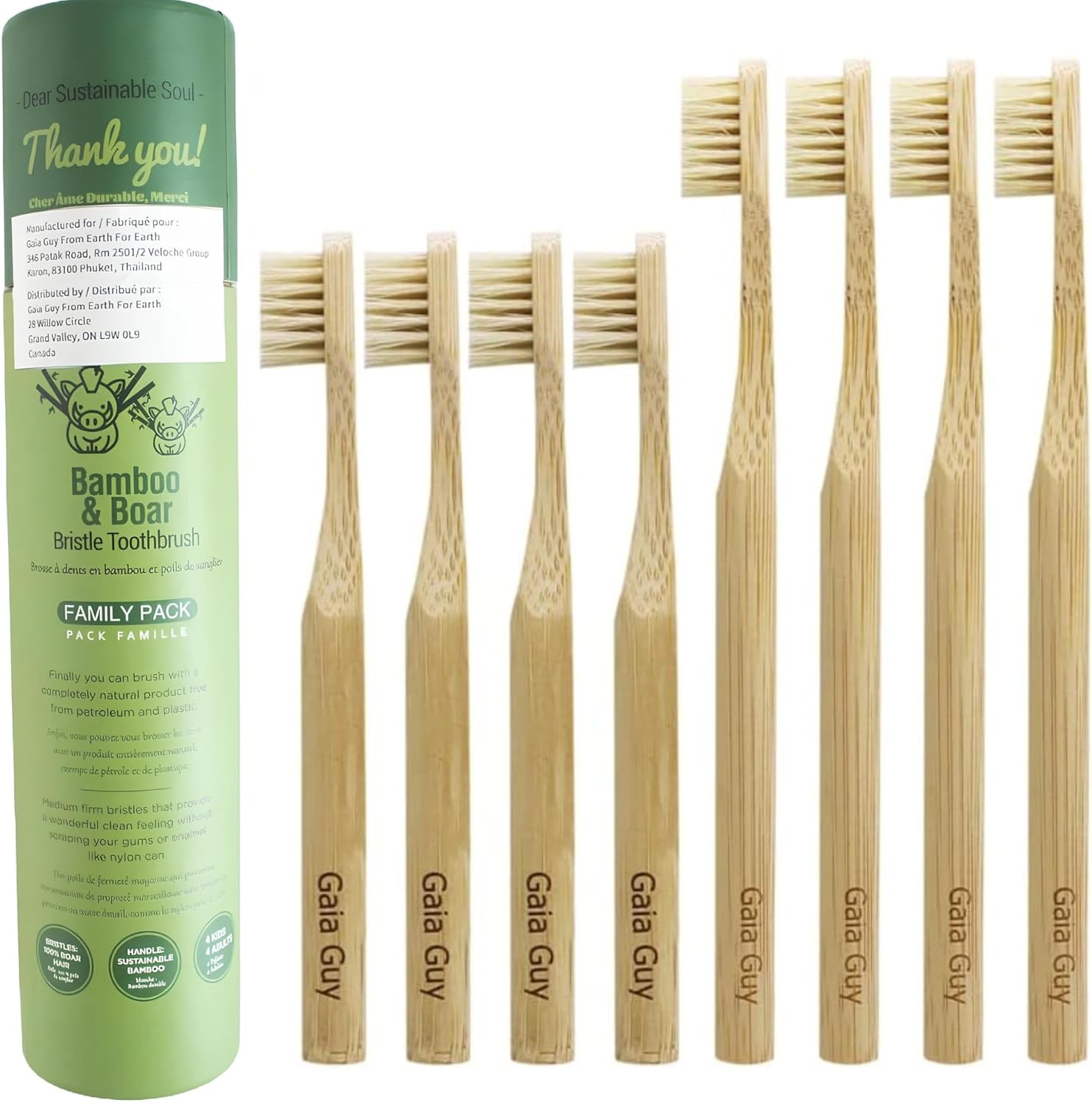 Gaia Guy Natural Bristle Bamboo Toothbrush Family Pack (NO Nylon – Boar Hair ONLY) – Totally Compostable & Biodegradable Boar Bristle and Bamboo Toothbrushes – Zero Waste – 4 Kids and 4 Adults