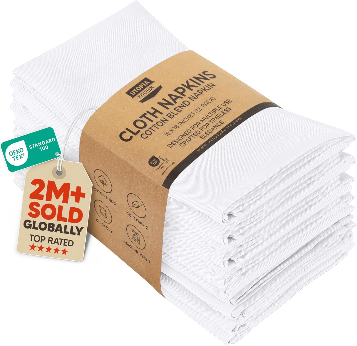 Utopia Kitchen White Cloth Napkins [12 Pack, 18×18 Inch] Absorbent Cotton Blend Washable and Reusable for Dinner, Restaurant, Lunch, Wedding and Hotel