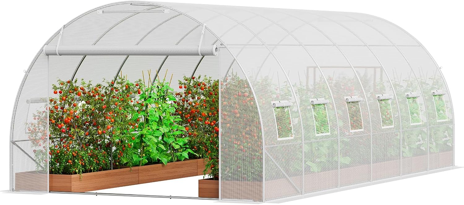 VEVOR Walk-in Tunnel Greenhouse, 19.4×9.7×6.5 ft Hoop House Greenhouse Tunnel, Plant Hot House with Galvanized Steel Frame, White PE Cover, Roll-up Zipper Door and 12 Windows for Outdoor