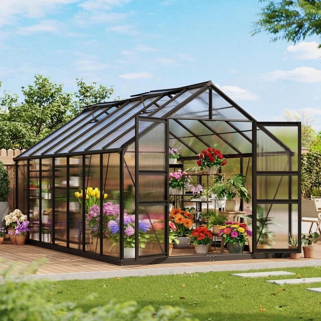 Garvee Greenhouse,8×14FT Greenhouses for Outside,Outdoor Greenhouse with Roof Air Vent, Heavy Duty Walk-in Aluminum Green House for Outside Garden Backyard