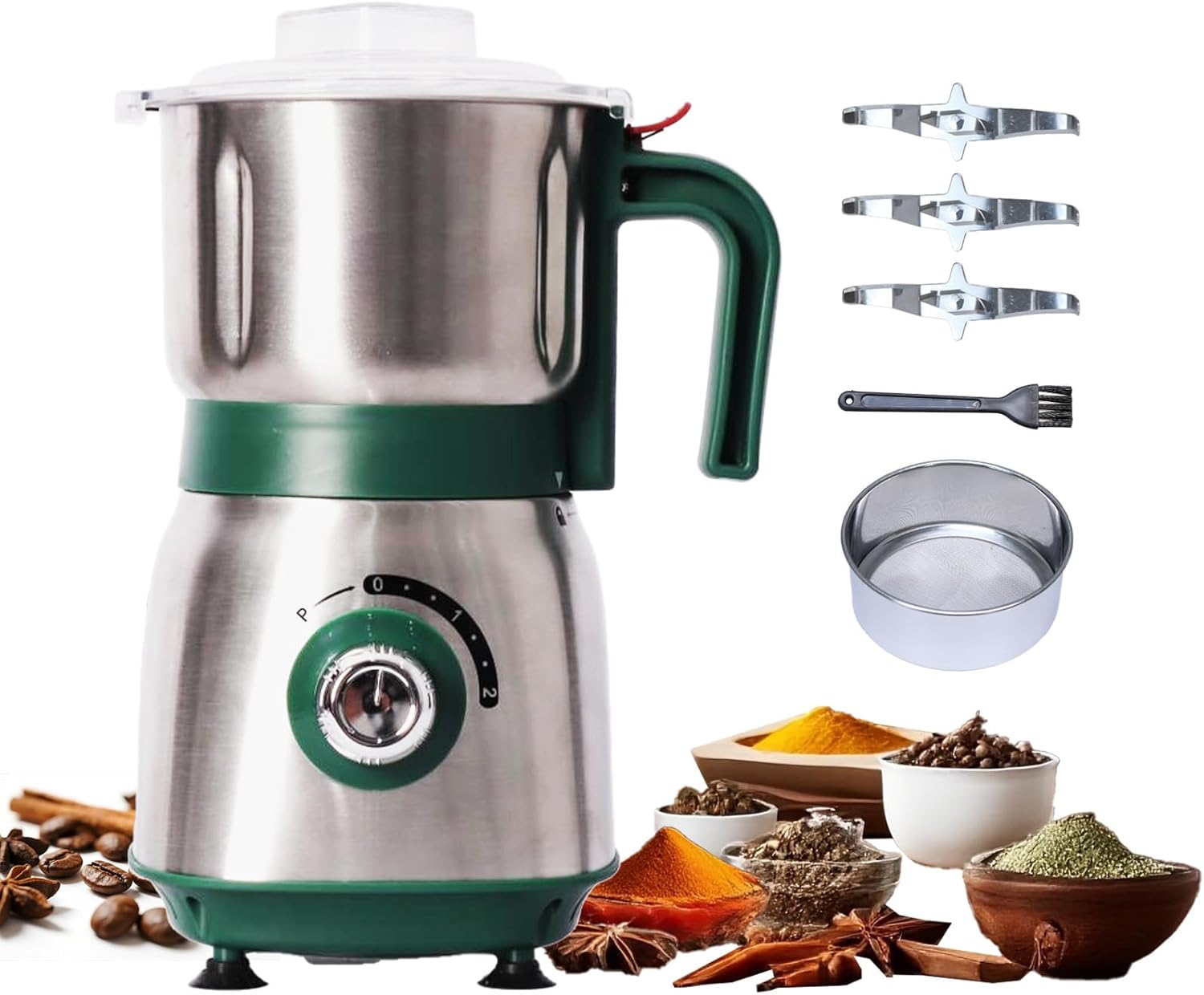 Electric Grinder for Kitchen – 500W Grain Mill with 3 Stainless Steel Blades, Versatile Spice Grinder for Coffee, Grinding Spices, Bean, Grains, Nuts (Green)