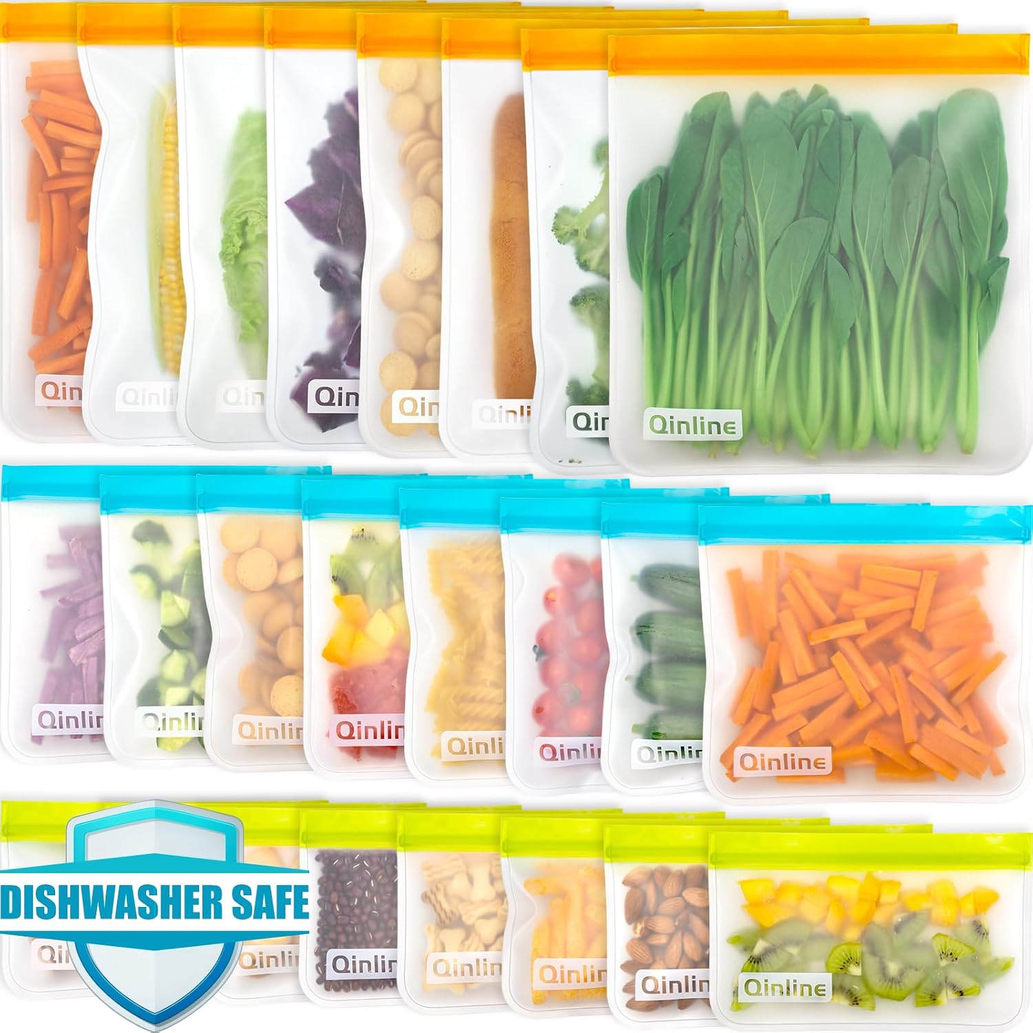 Qinline Reusable Food Storage Bags – 24 Pack Freezer Extra Thick Leakproof Lunch Bag – 8 Gallon 8 Sandwich 8 Snack Bags