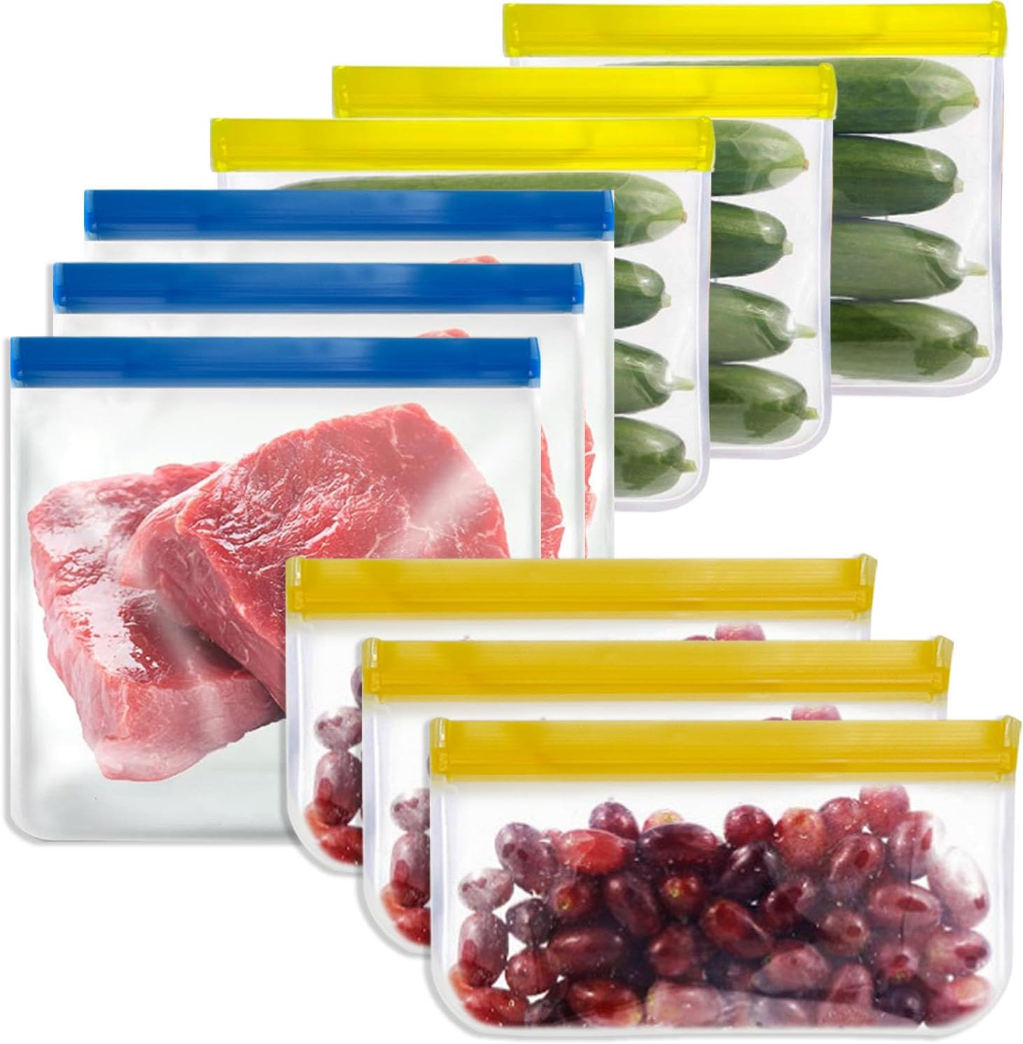 9PCS Reusable Silicone Freezer Bags,Food Storage Silicone Bags Reusable Food Storage Bags, Large Zip Lock Bags Gallon, Lunch Home Fridge Kitchen Organization (Blue)