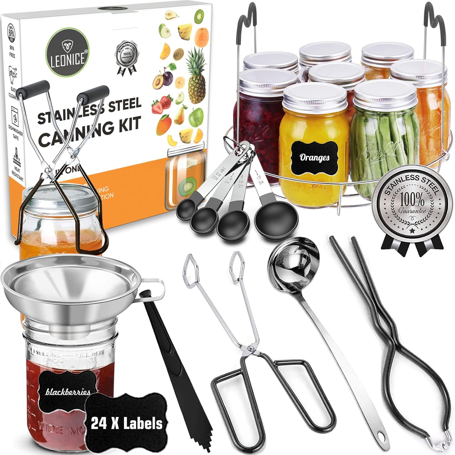 Canning Supplies Starter Kit, Stainless Steel Canning Set Tools: Rack, Ladle, Measuring Spoons, Funnel, Tongs, Jar Lifter, Lid Lifter & Accessories for Canner/Pot, Beginner, Home Canning Kit – Black